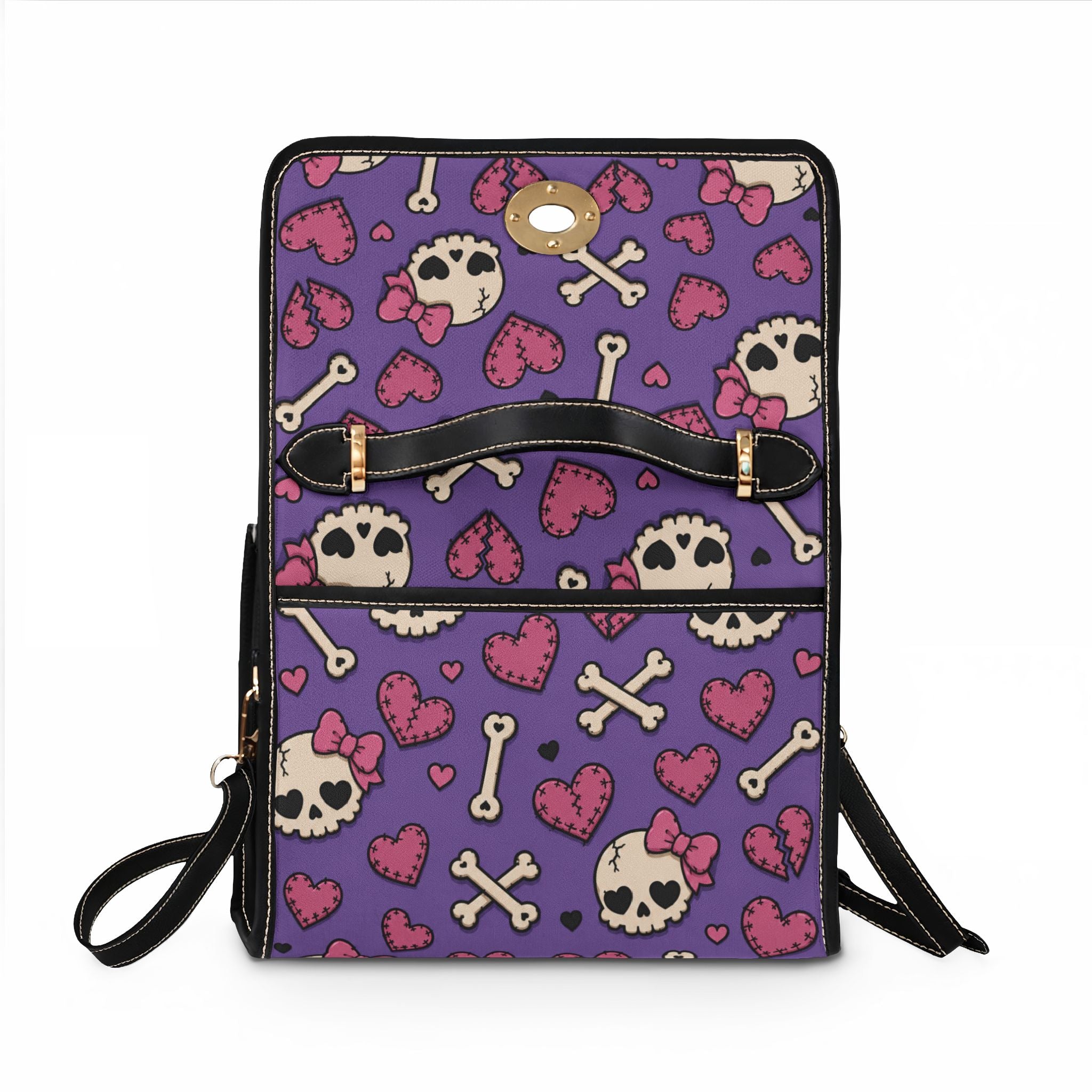 Cute Skull and Hearts Purple Pattern Waterproof Canvas Bag | Skull Crossbones Hearts Tote