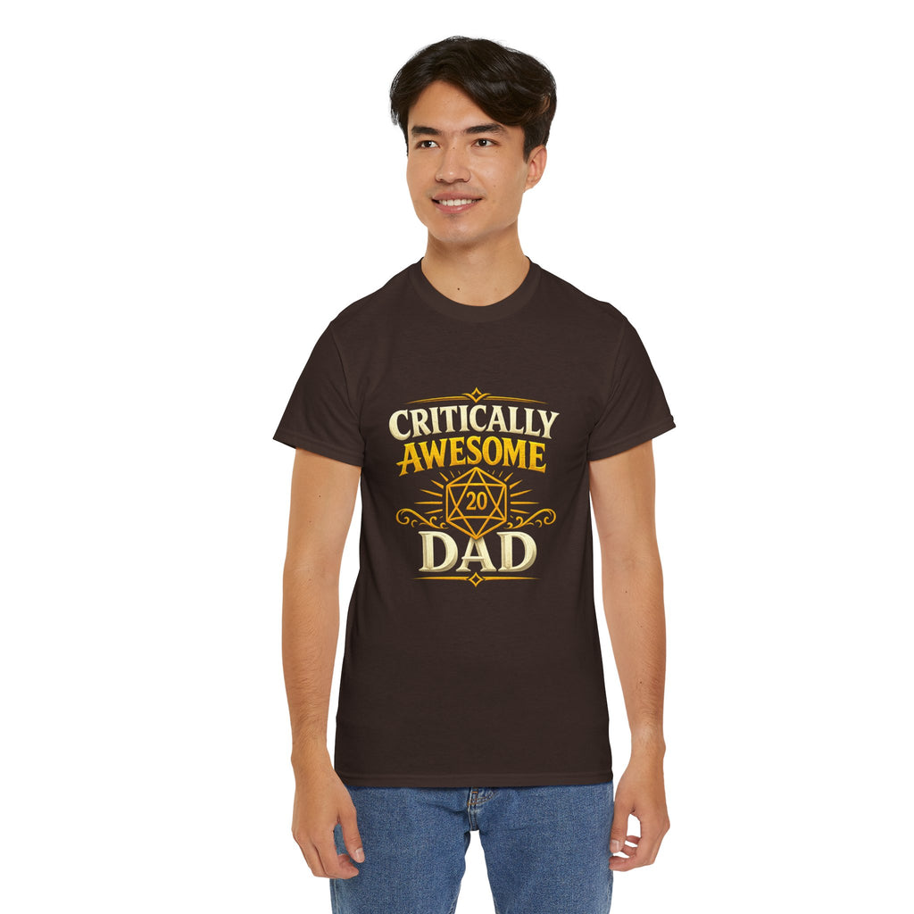 Critically Awesome Dad T‑Shirt – Gold D20 Gaming Father Tee (Father’s Day, Gamer Dad Gift)
