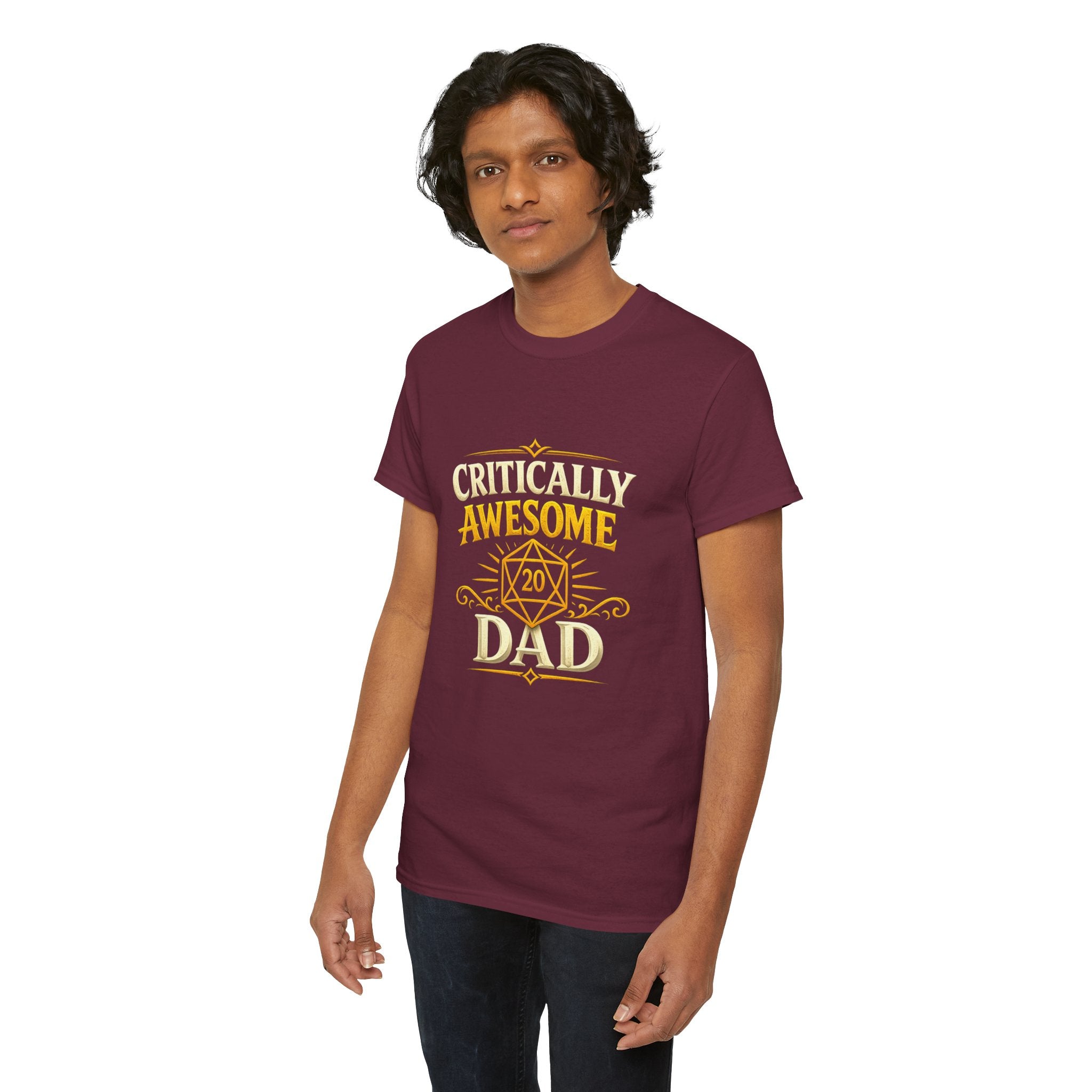 Critically Awesome Dad T‑Shirt – Gold D20 Gaming Father Tee (Father’s Day, Gamer Dad Gift)