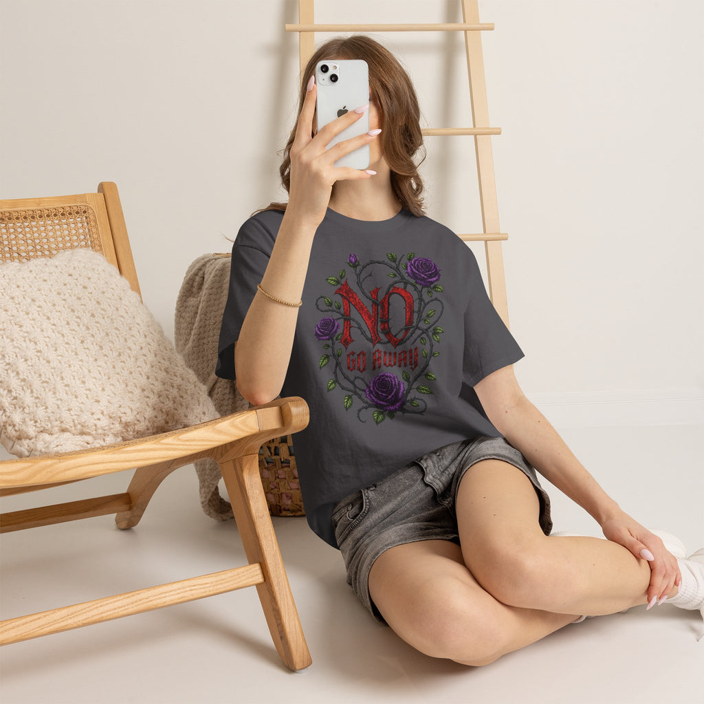 No Go Away T-Shirt | Gothic Purple Roses, Dark Floral Typography