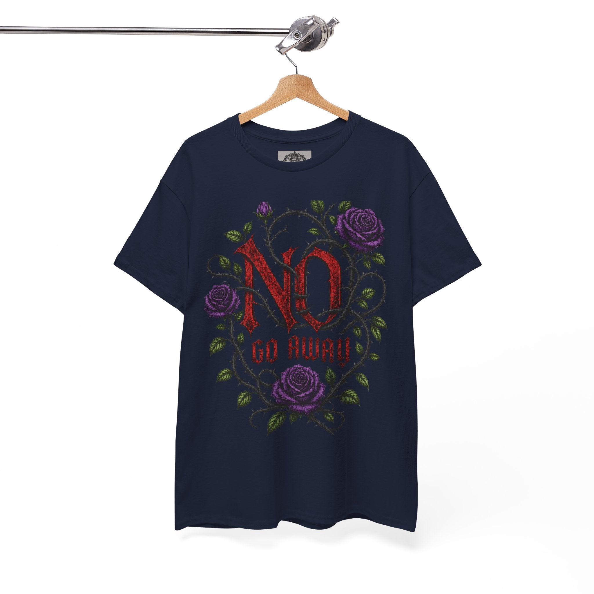 No Go Away T-Shirt | Gothic Purple Roses, Dark Floral Typography