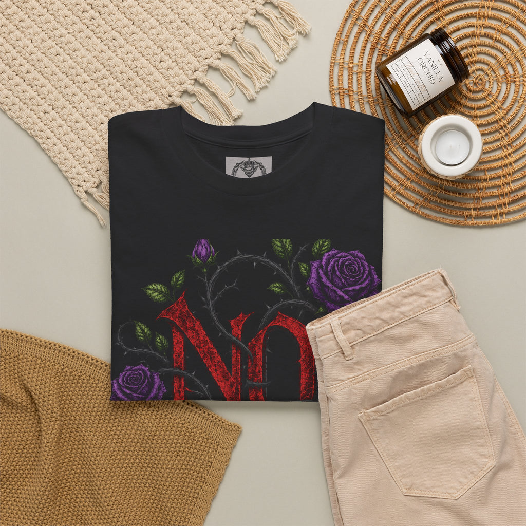 No Go Away T-Shirt | Gothic Purple Roses, Dark Floral Typography
