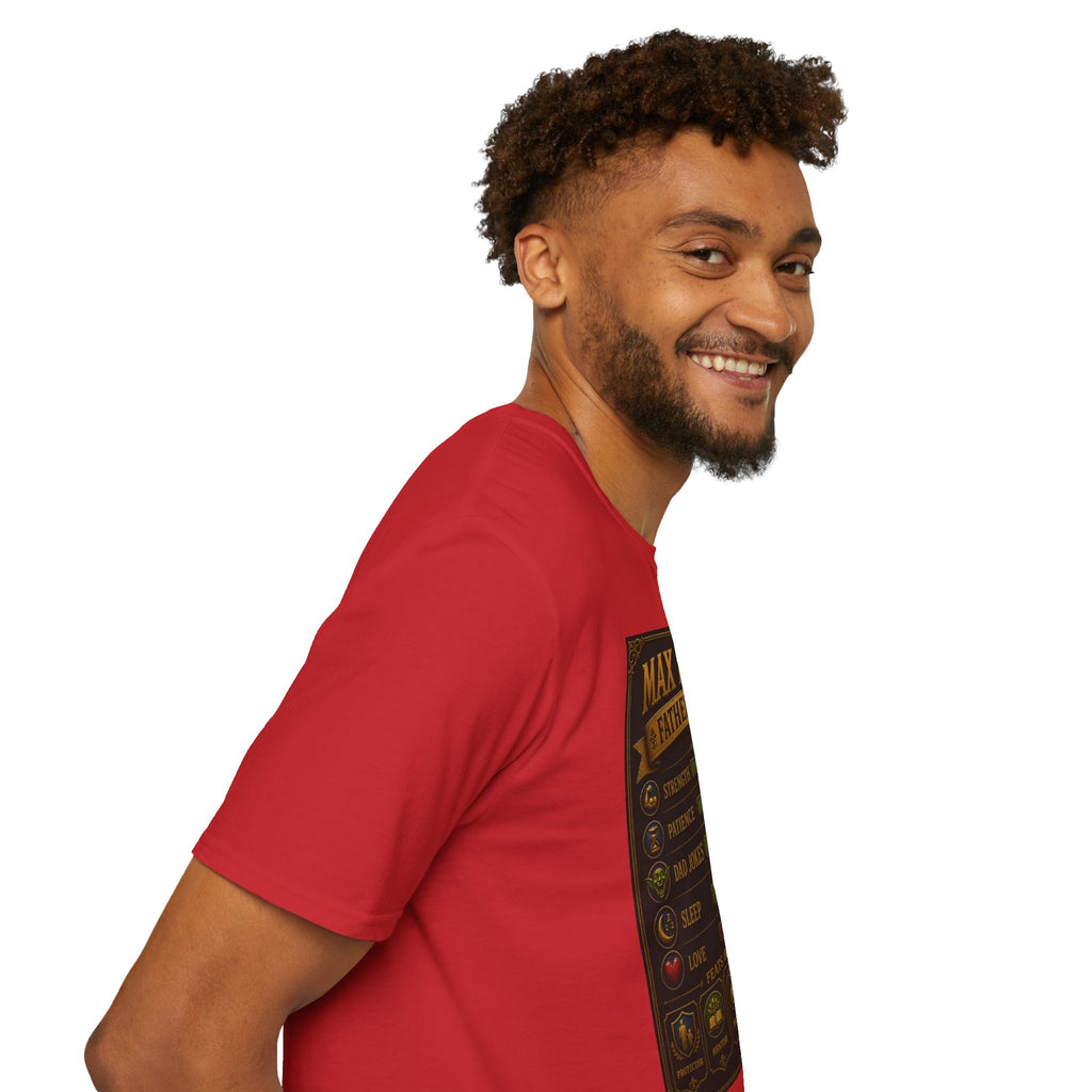 T-Shirt — "Max Level Father Class" Funny Gamer Dad Shirt (Strength, Patience, Dad Jokes)