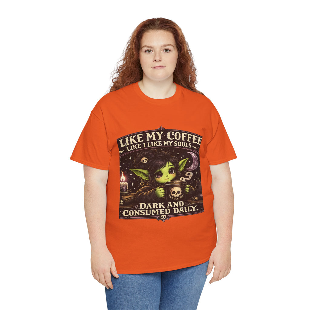 Like My Coffee Tee — "Like My Coffee Like I Like My Souls: Dark and Consumed Daily" Gothic Graphic T-Shirt