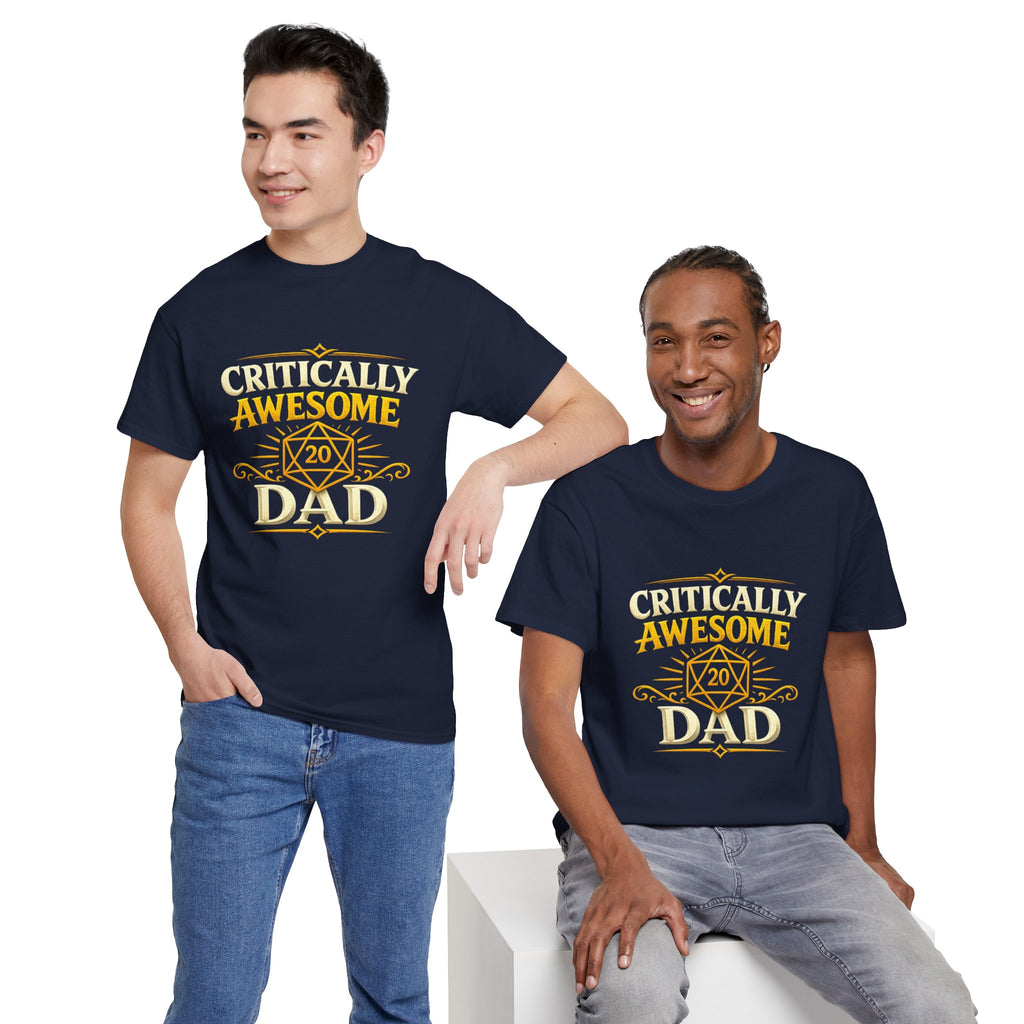 Critically Awesome Dad T‑Shirt – Gold D20 Gaming Father Tee (Father’s Day, Gamer Dad Gift)