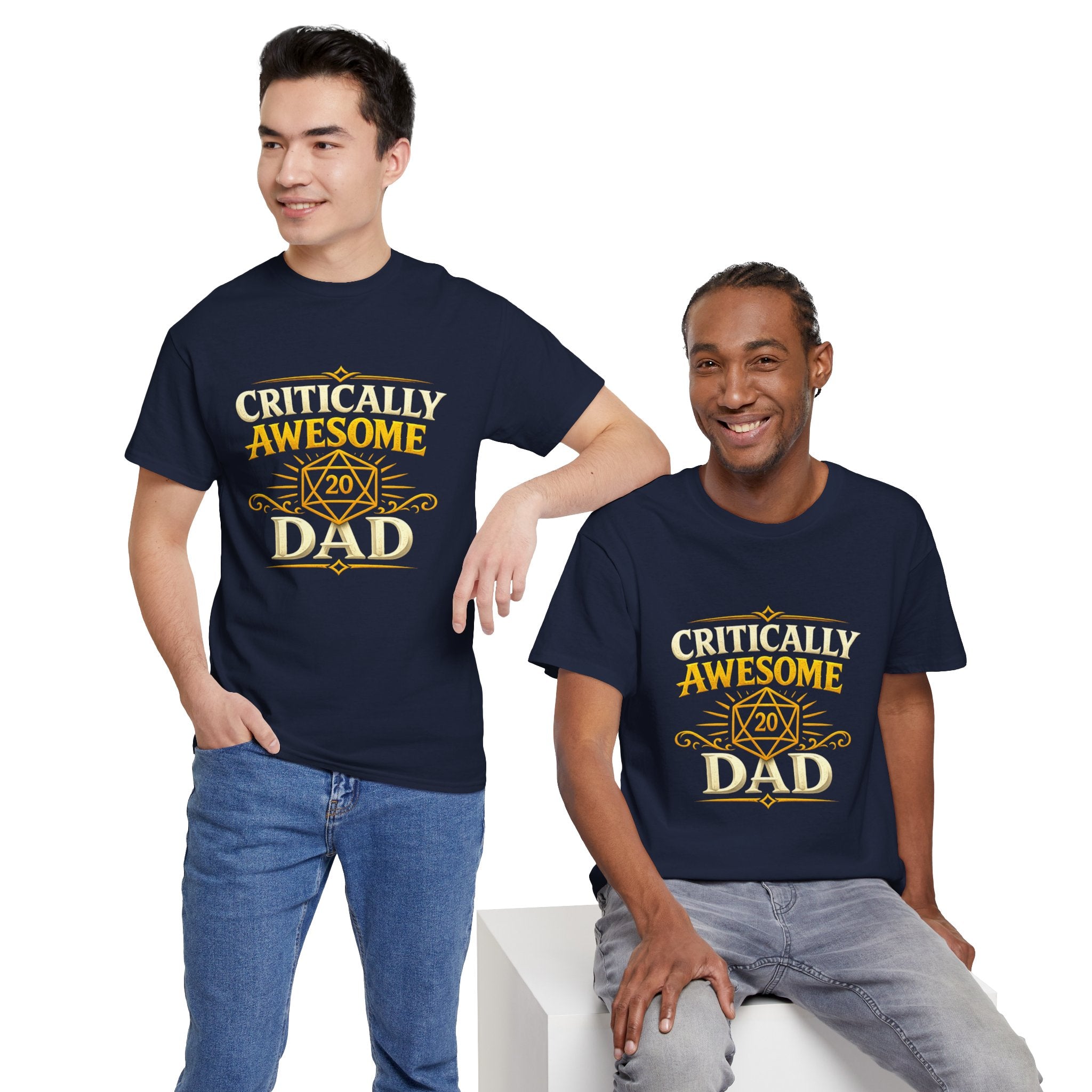 Critically Awesome Dad T‑Shirt – Gold D20 Gaming Father Tee (Father’s Day, Gamer Dad Gift)