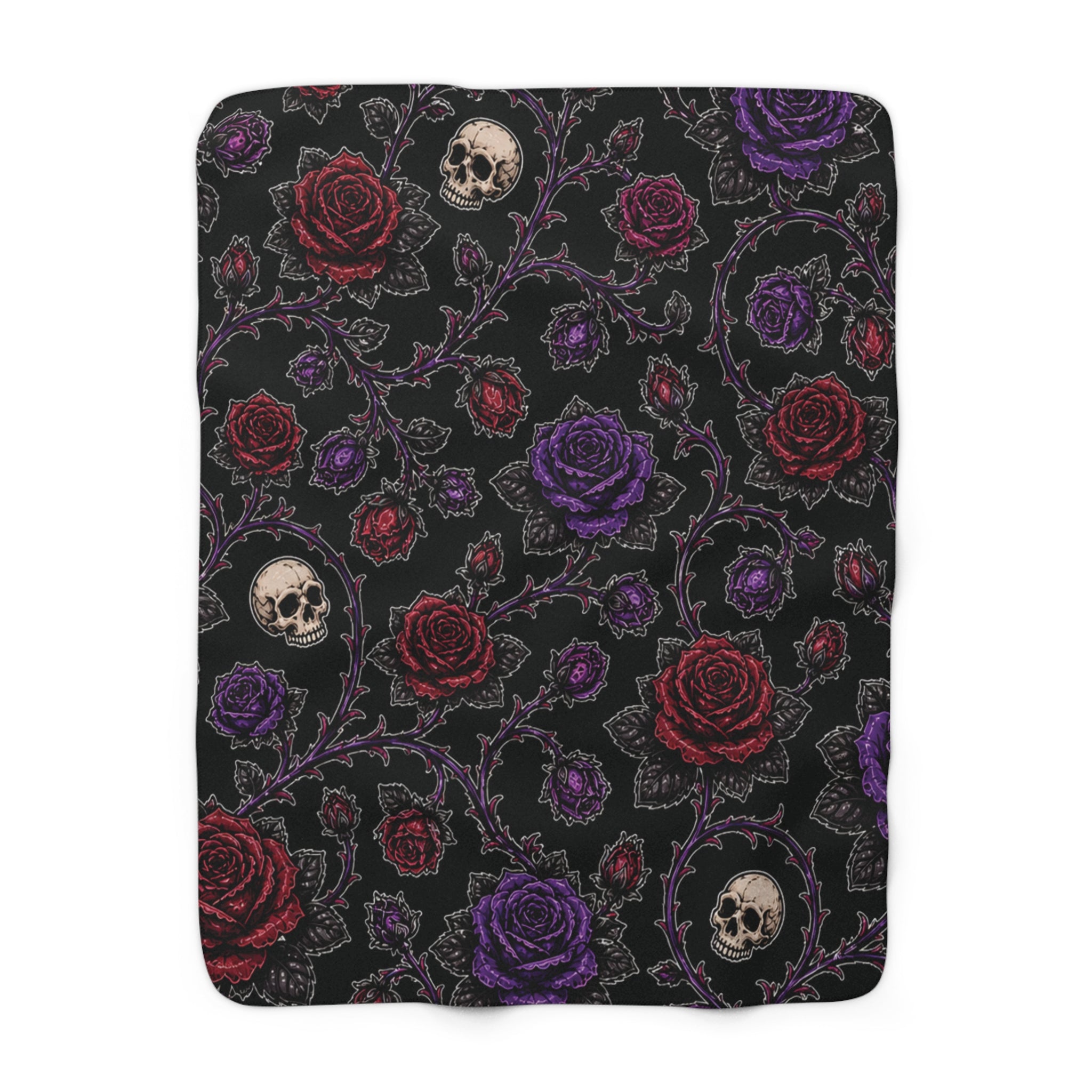 Gothic Skull and Roses Sherpa Blanket | Dark Floral Skull Throw