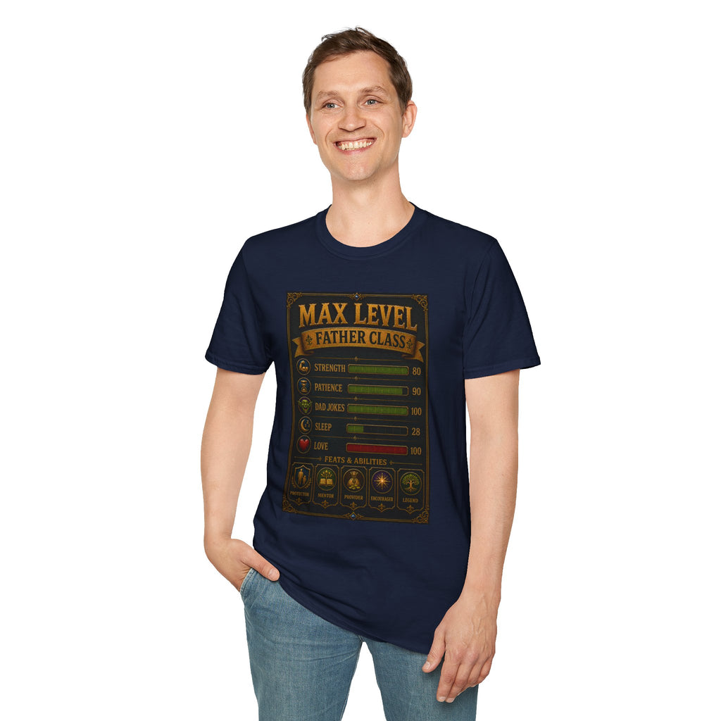 T-Shirt — "Max Level Father Class" Funny Gamer Dad Shirt (Strength, Patience, Dad Jokes)