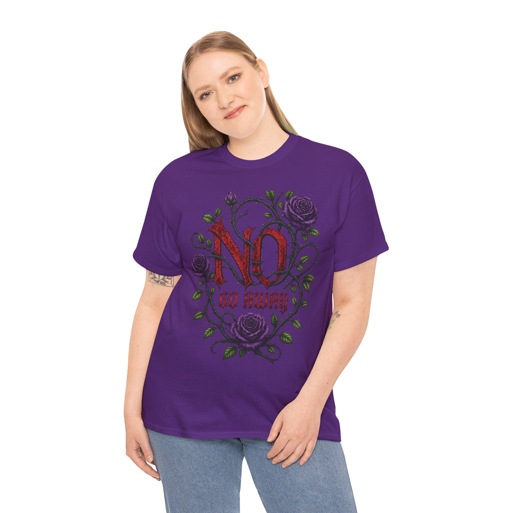 No Go Away T-Shirt | Gothic Purple Roses, Dark Floral Typography