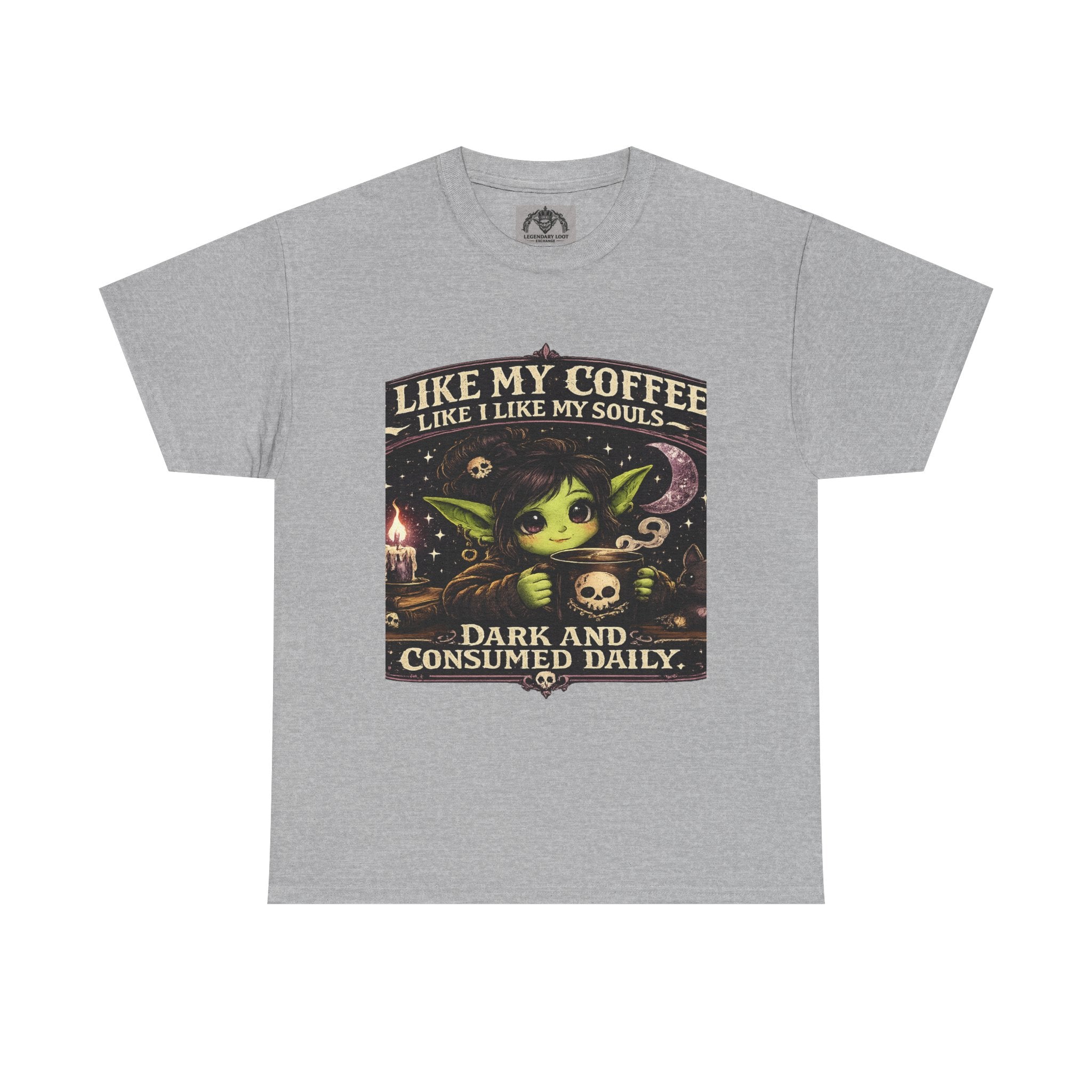 Like My Coffee Tee — "Like My Coffee Like I Like My Souls: Dark and Consumed Daily" Gothic Graphic T-Shirt