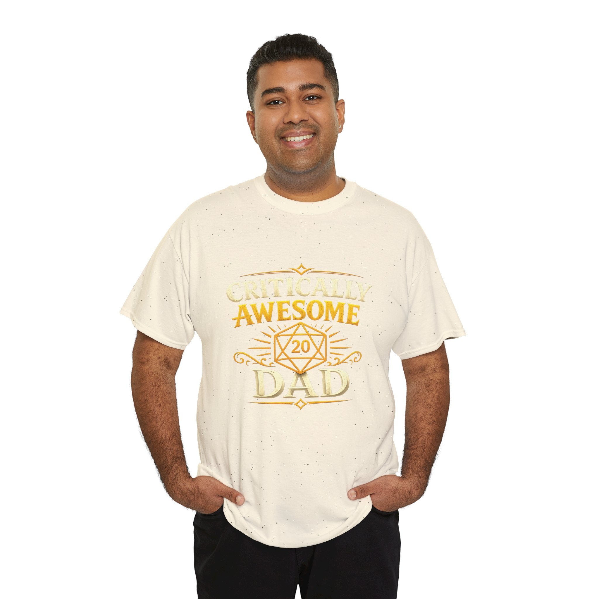 Critically Awesome Dad T‑Shirt – Gold D20 Gaming Father Tee (Father’s Day, Gamer Dad Gift)
