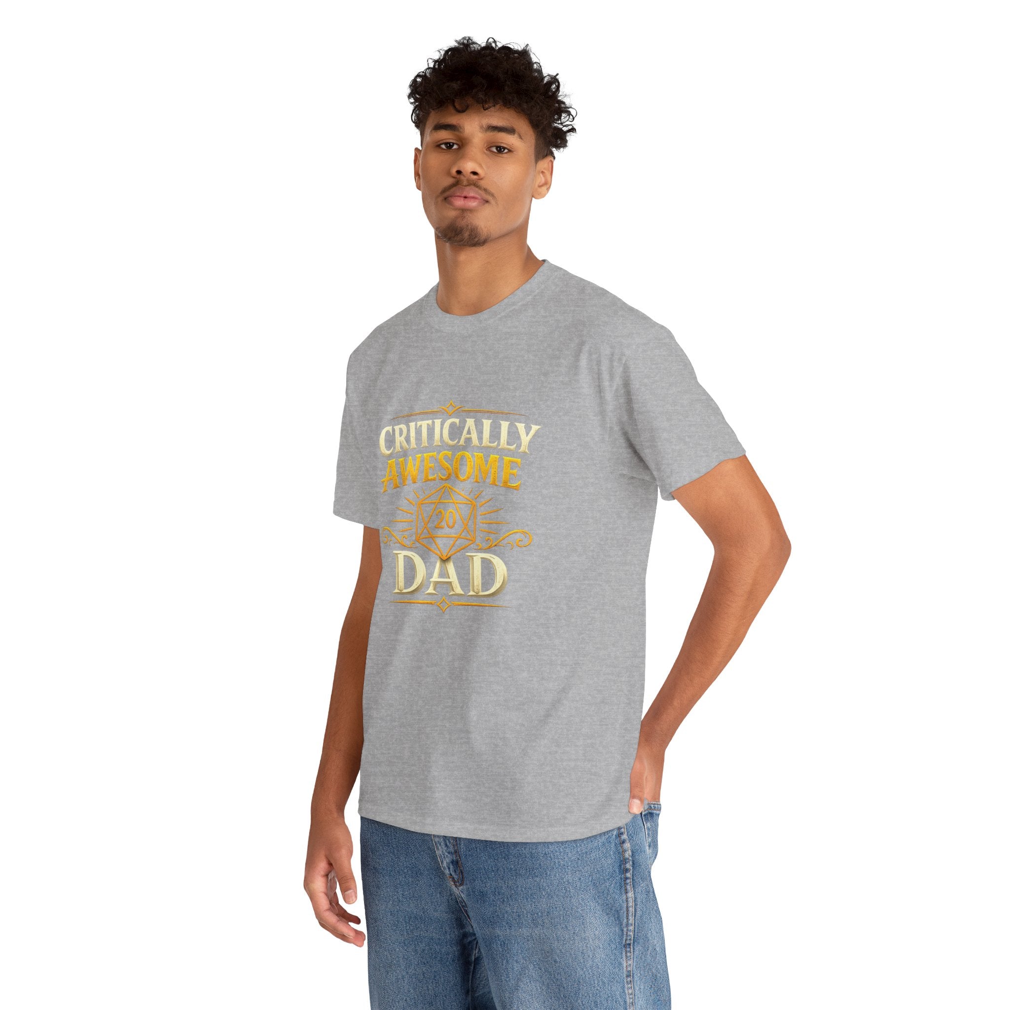 Critically Awesome Dad T‑Shirt – Gold D20 Gaming Father Tee (Father’s Day, Gamer Dad Gift)
