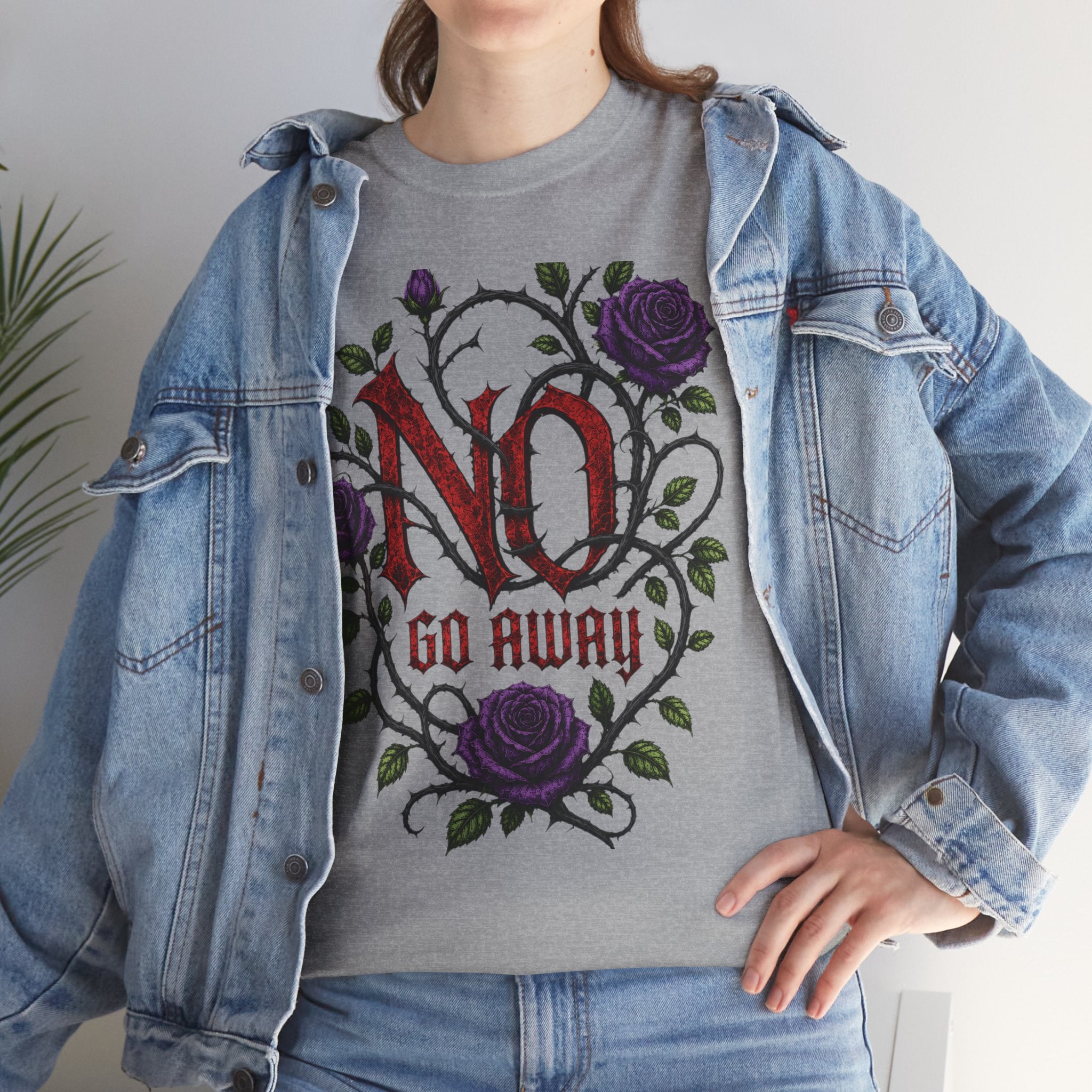 No Go Away T-Shirt | Gothic Purple Roses, Dark Floral Typography