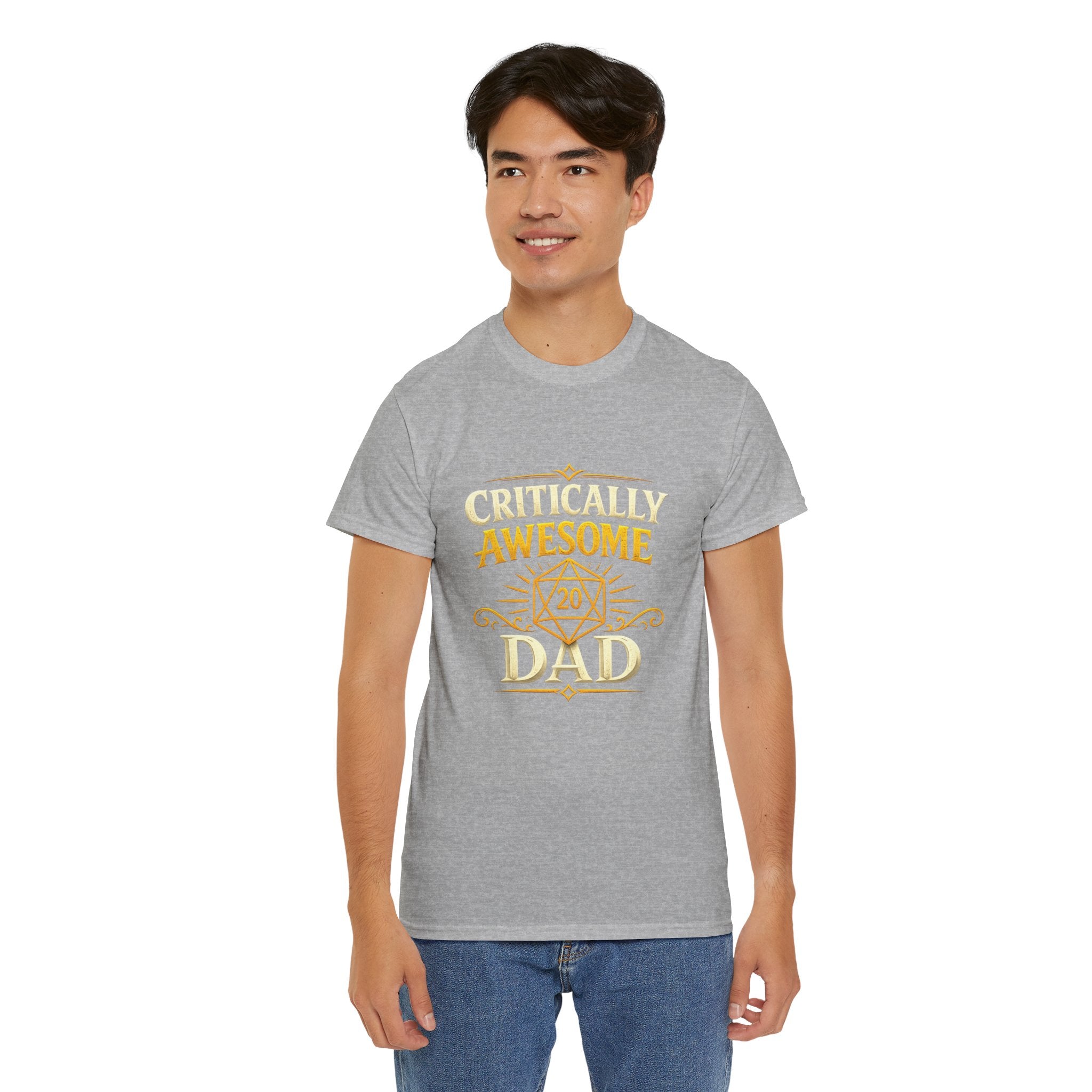 Critically Awesome Dad T‑Shirt – Gold D20 Gaming Father Tee (Father’s Day, Gamer Dad Gift)