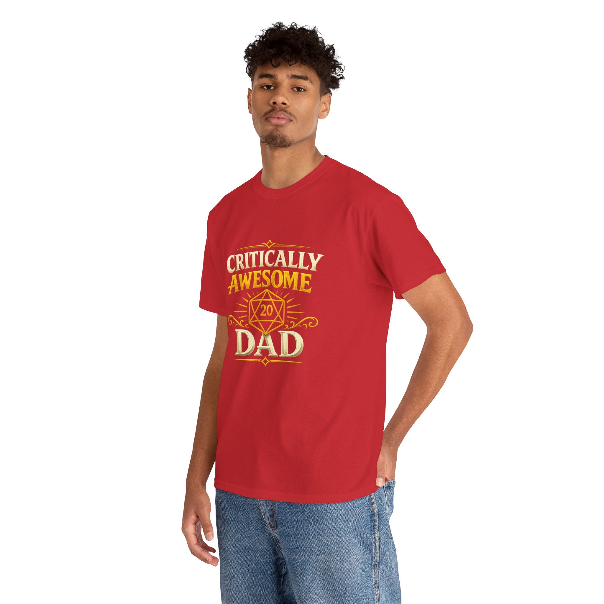 Critically Awesome Dad T‑Shirt – Gold D20 Gaming Father Tee (Father’s Day, Gamer Dad Gift)