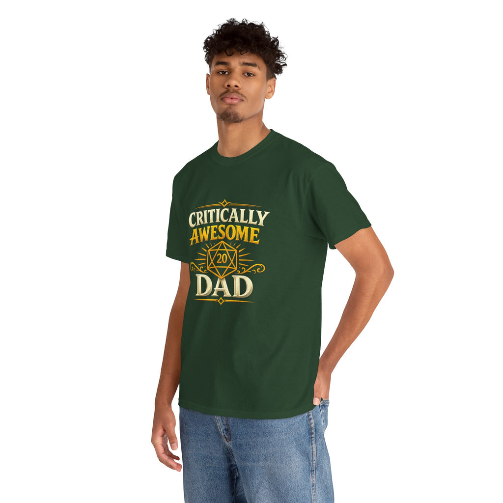 Critically Awesome Dad T‑Shirt – Gold D20 Gaming Father Tee (Father’s Day, Gamer Dad Gift)