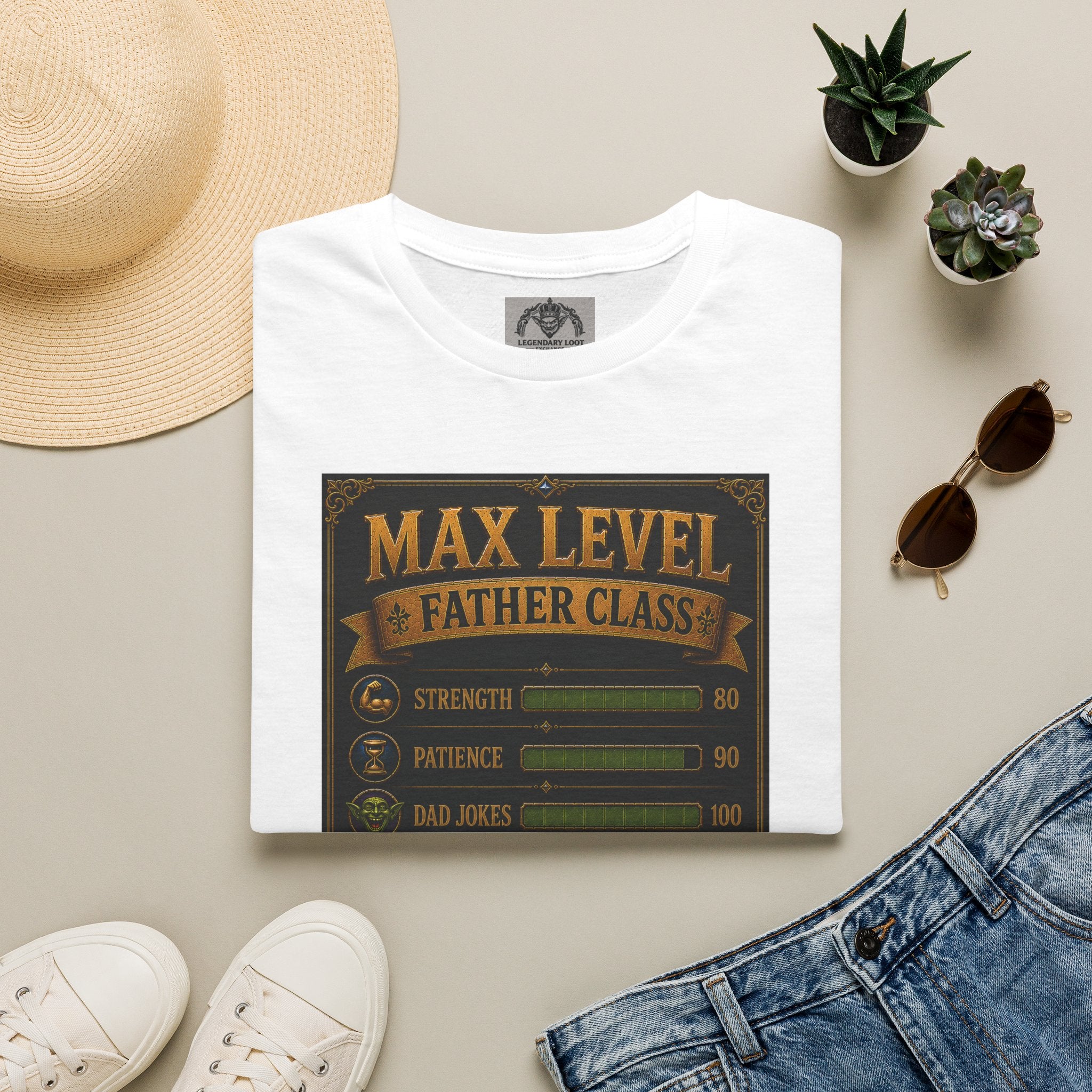 T-Shirt — "Max Level Father Class" Funny Gamer Dad Shirt (Strength, Patience, Dad Jokes)