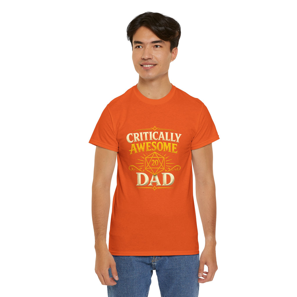 Critically Awesome Dad T‑Shirt – Gold D20 Gaming Father Tee (Father’s Day, Gamer Dad Gift)
