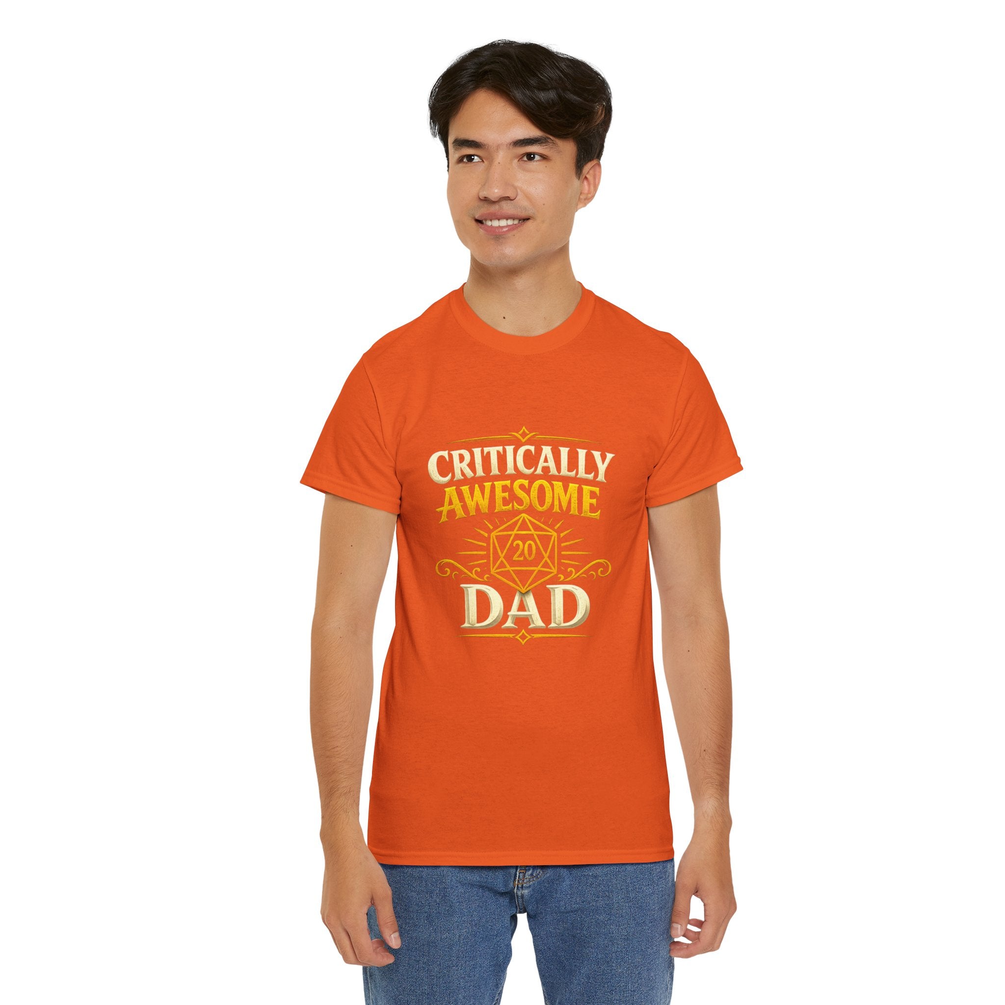 Critically Awesome Dad T‑Shirt – Gold D20 Gaming Father Tee (Father’s Day, Gamer Dad Gift)