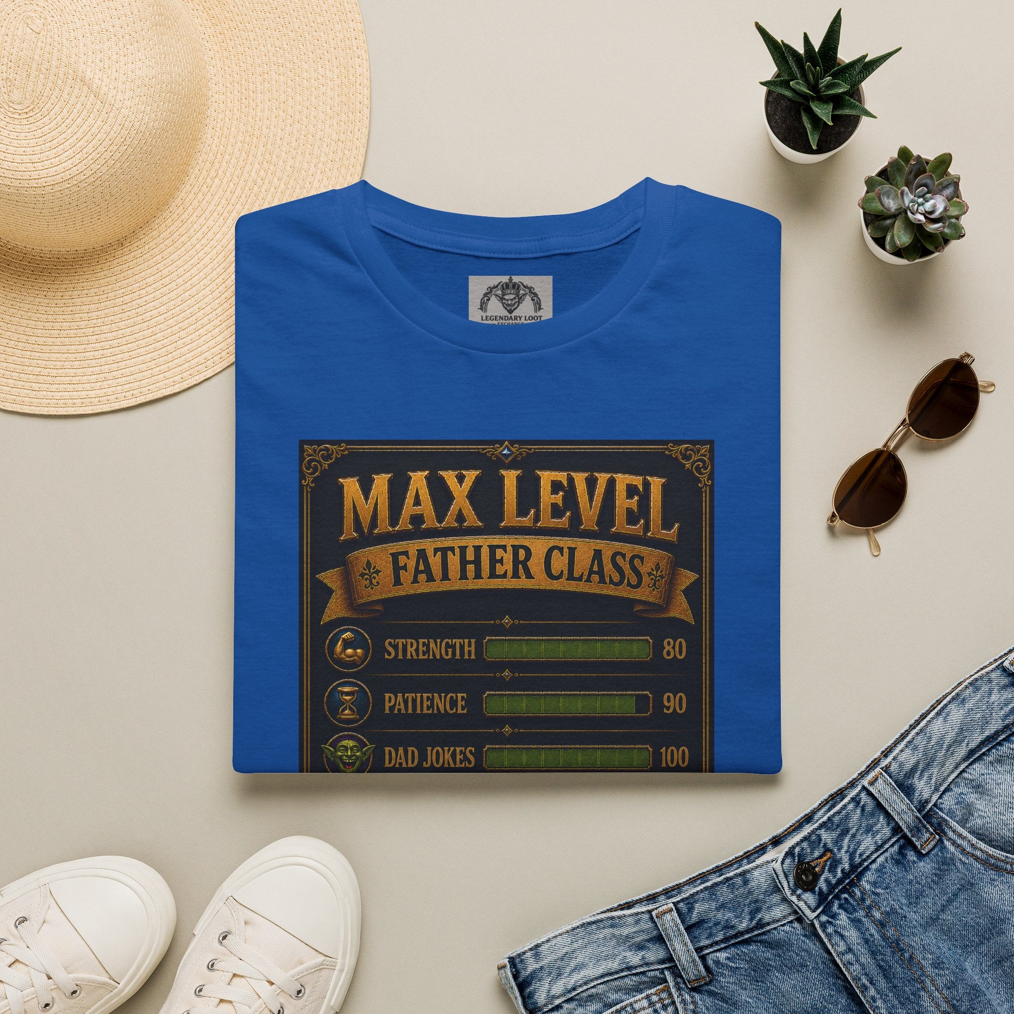T-Shirt — "Max Level Father Class" Funny Gamer Dad Shirt (Strength, Patience, Dad Jokes)