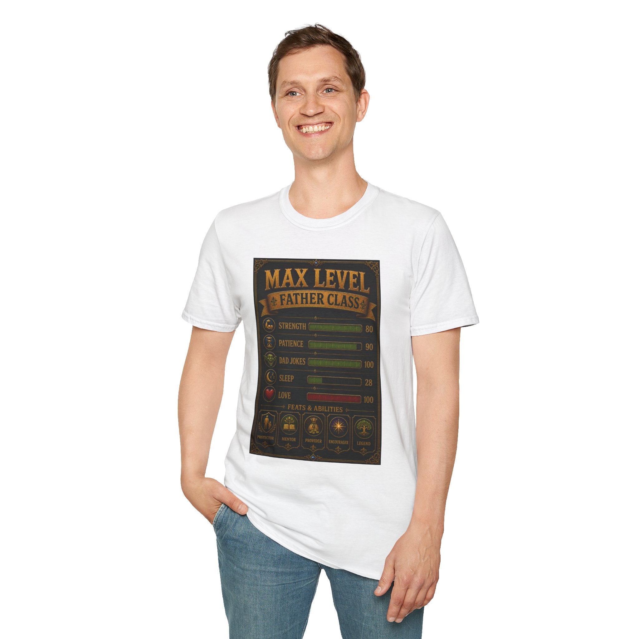 T-Shirt — "Max Level Father Class" Funny Gamer Dad Shirt (Strength, Patience, Dad Jokes)