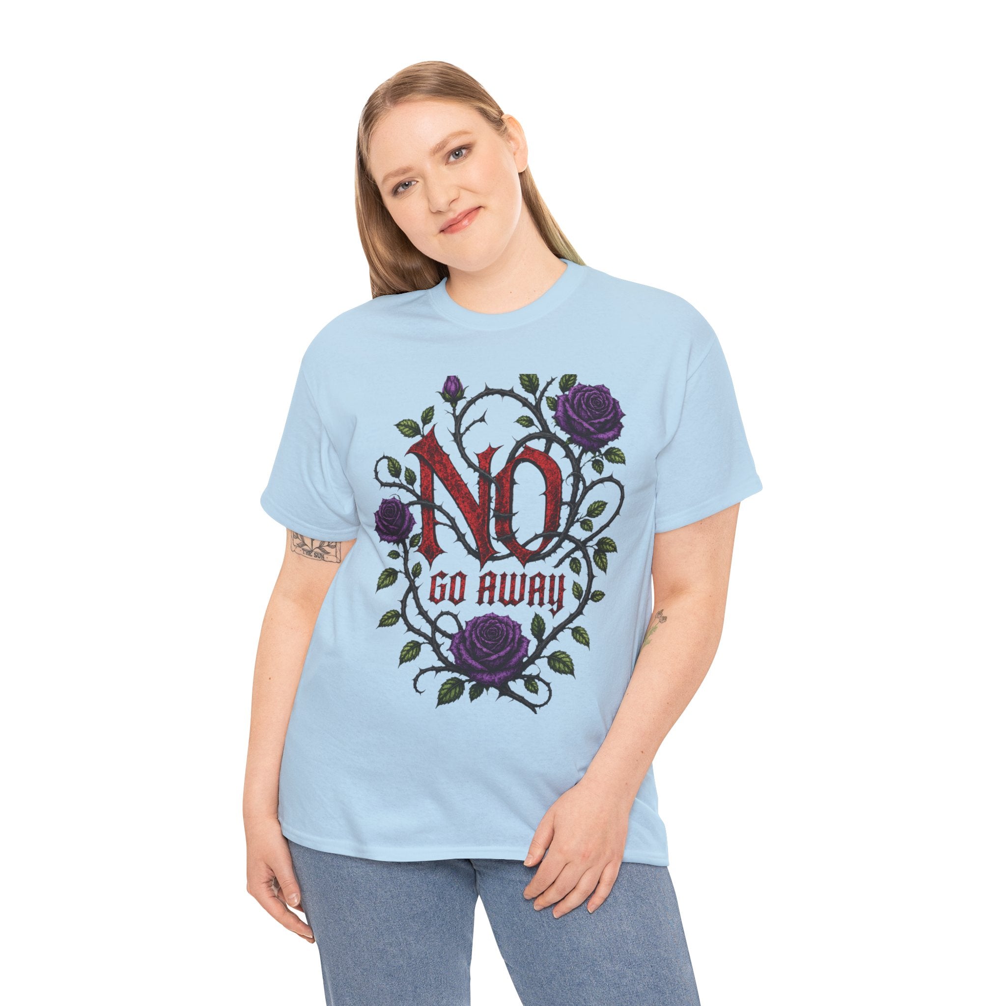 No Go Away T-Shirt | Gothic Purple Roses, Dark Floral Typography