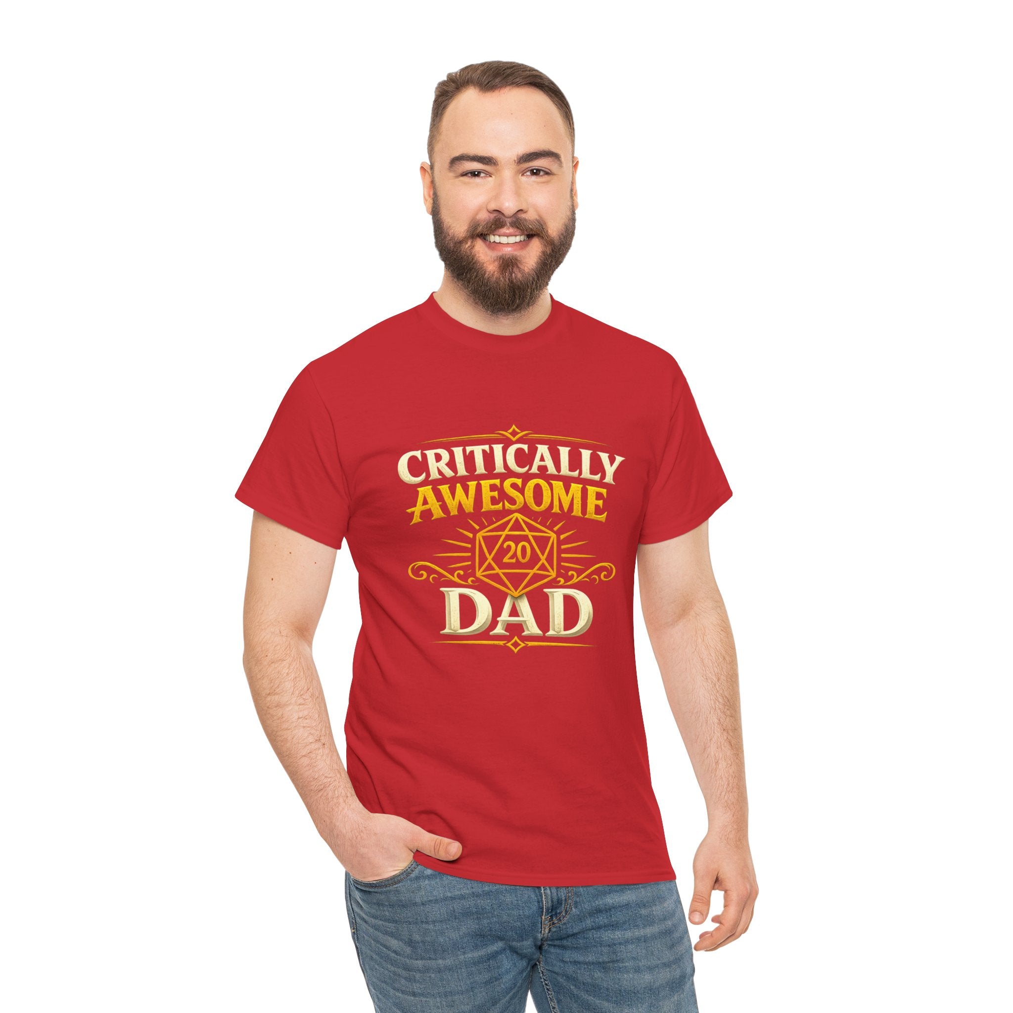 Critically Awesome Dad T‑Shirt – Gold D20 Gaming Father Tee (Father’s Day, Gamer Dad Gift)
