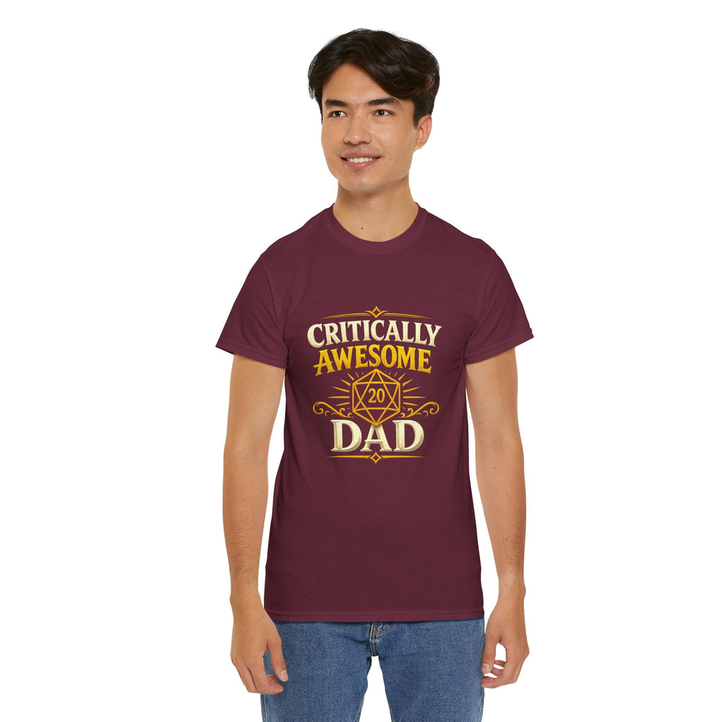 Critically Awesome Dad T‑Shirt – Gold D20 Gaming Father Tee (Father’s Day, Gamer Dad Gift)