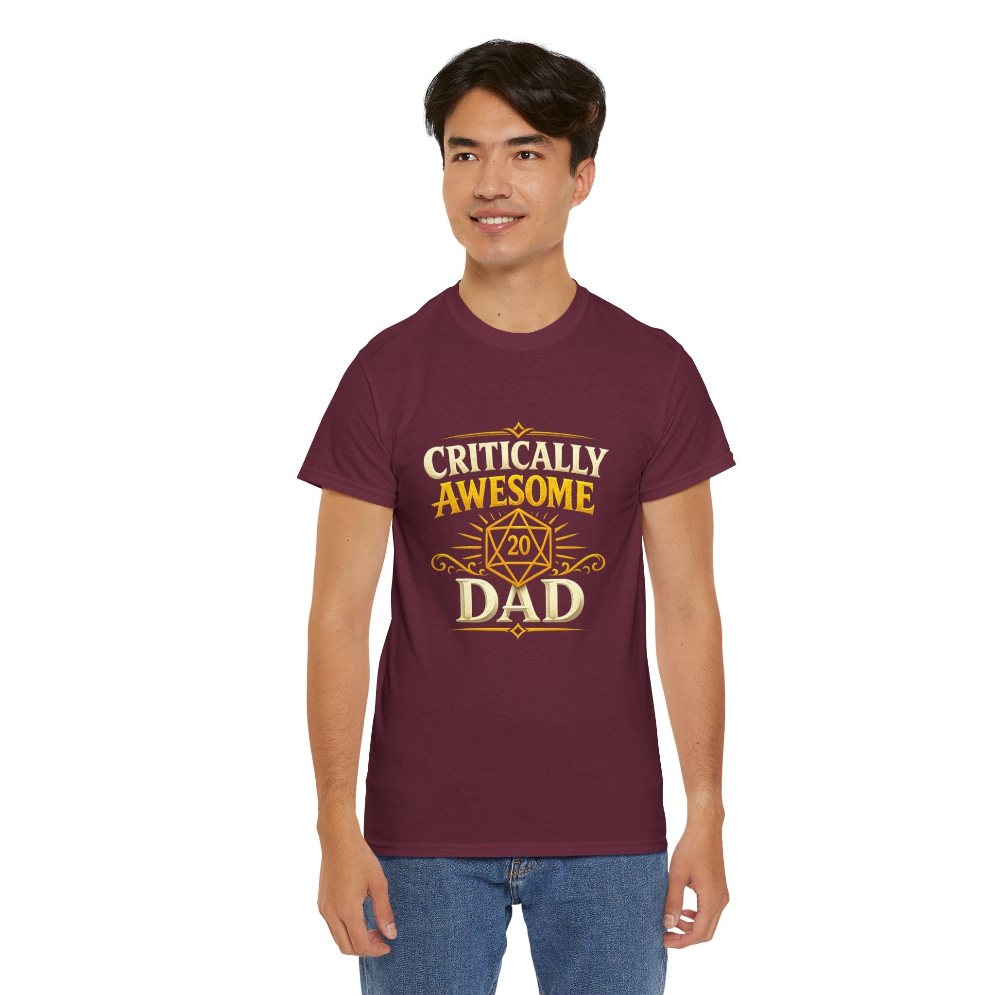 Critically Awesome Dad T‑Shirt – Gold D20 Gaming Father Tee (Father’s Day, Gamer Dad Gift)