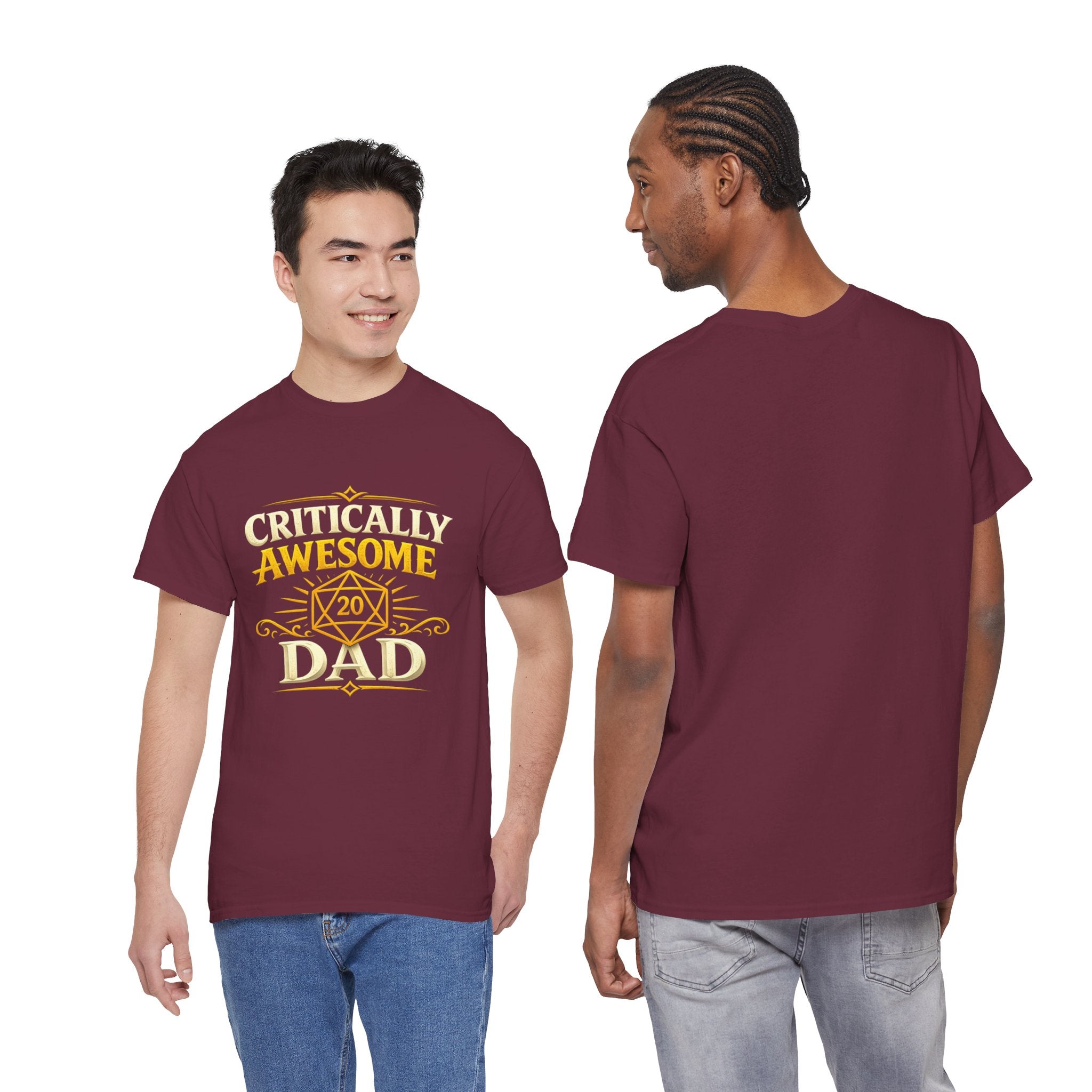 Critically Awesome Dad T‑Shirt – Gold D20 Gaming Father Tee (Father’s Day, Gamer Dad Gift)