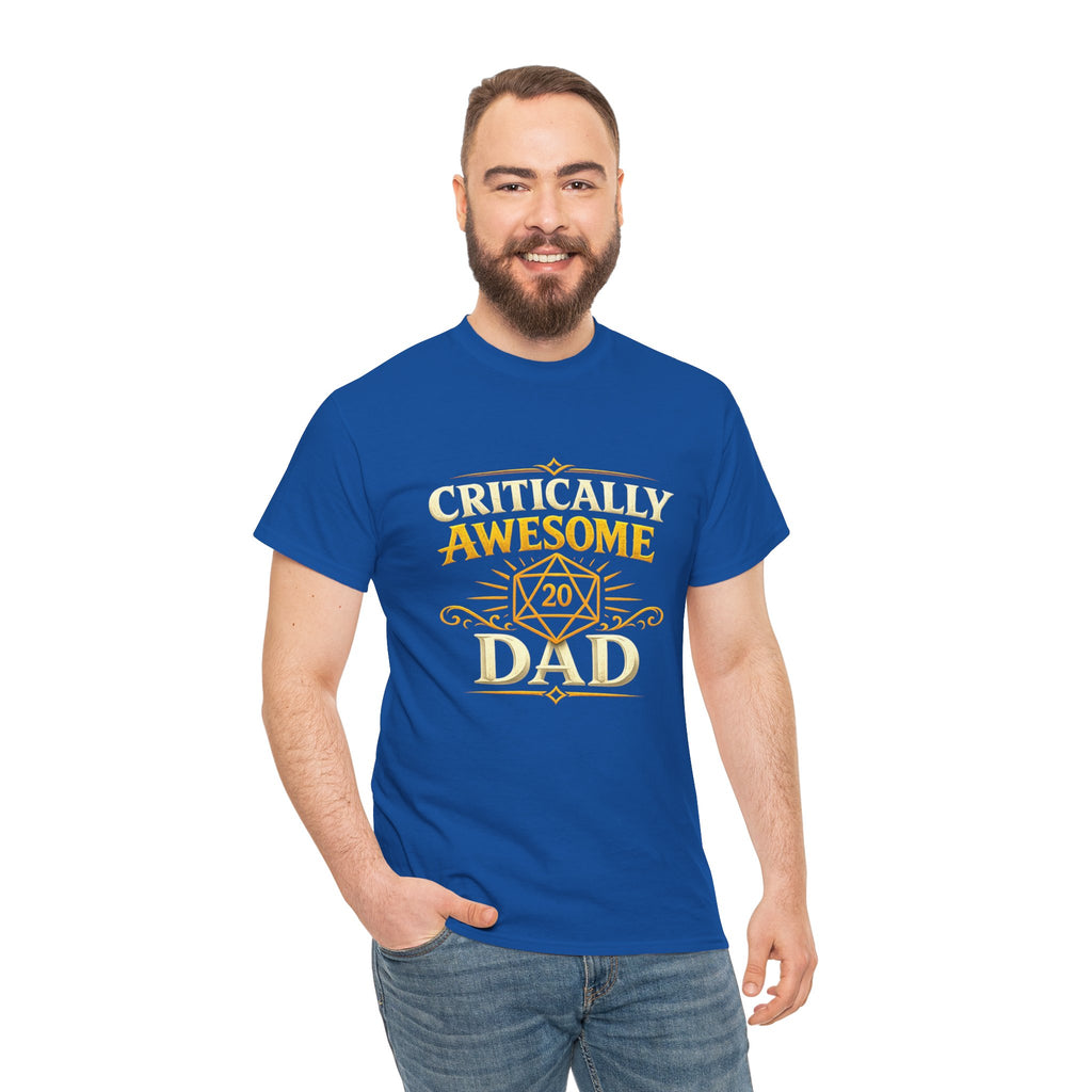 Critically Awesome Dad T‑Shirt – Gold D20 Gaming Father Tee (Father’s Day, Gamer Dad Gift)