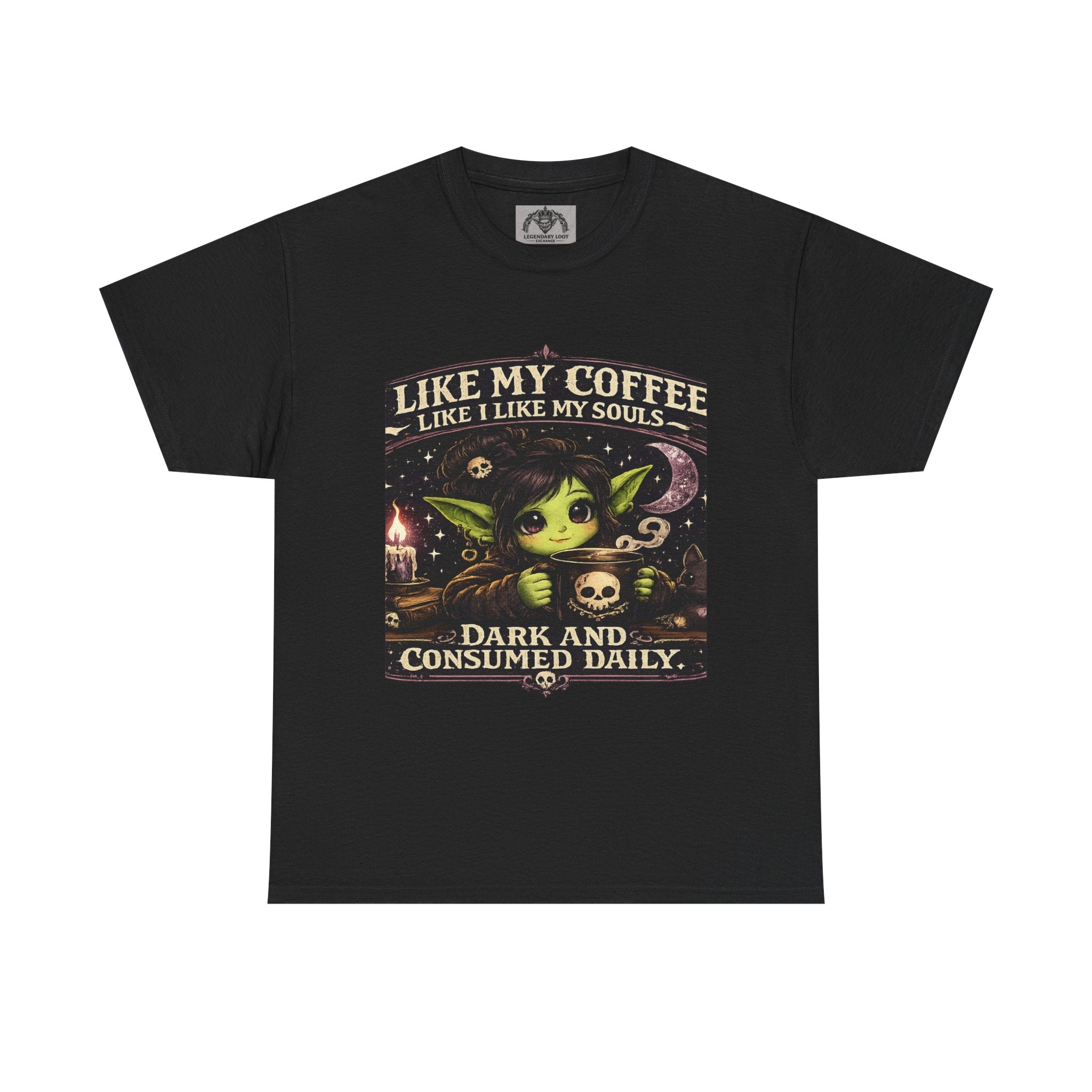 Like My Coffee Tee — "Like My Coffee Like I Like My Souls: Dark and Consumed Daily" Gothic Graphic T-Shirt