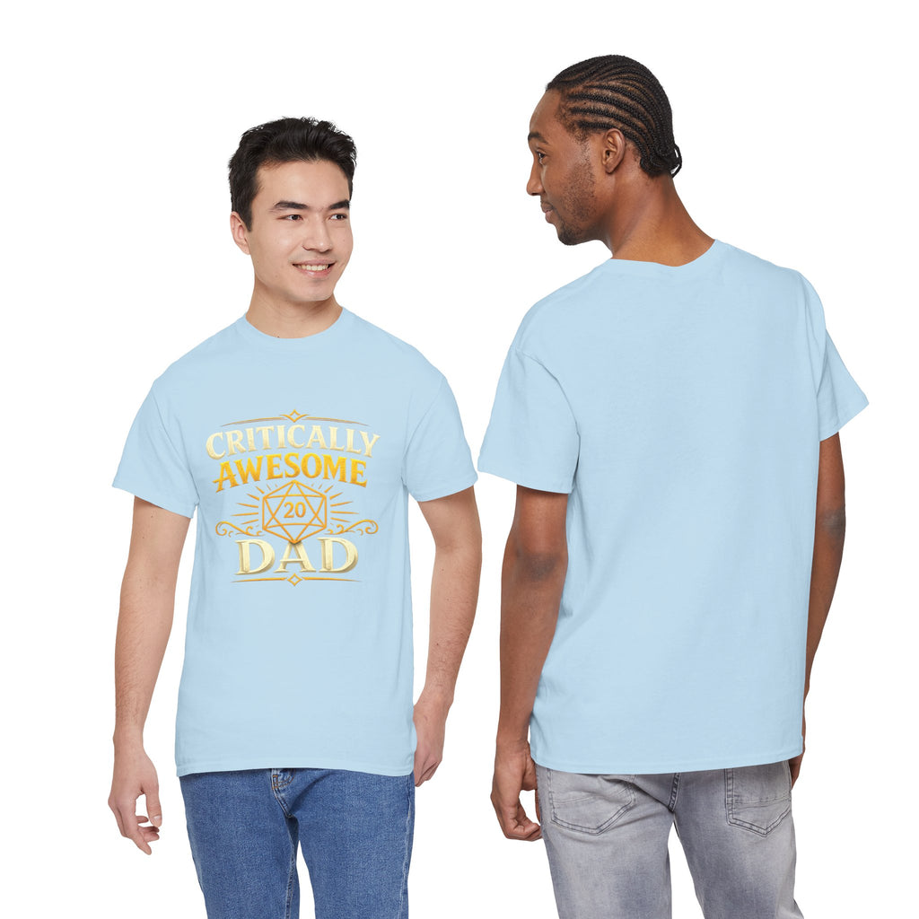 Critically Awesome Dad T‑Shirt – Gold D20 Gaming Father Tee (Father’s Day, Gamer Dad Gift)