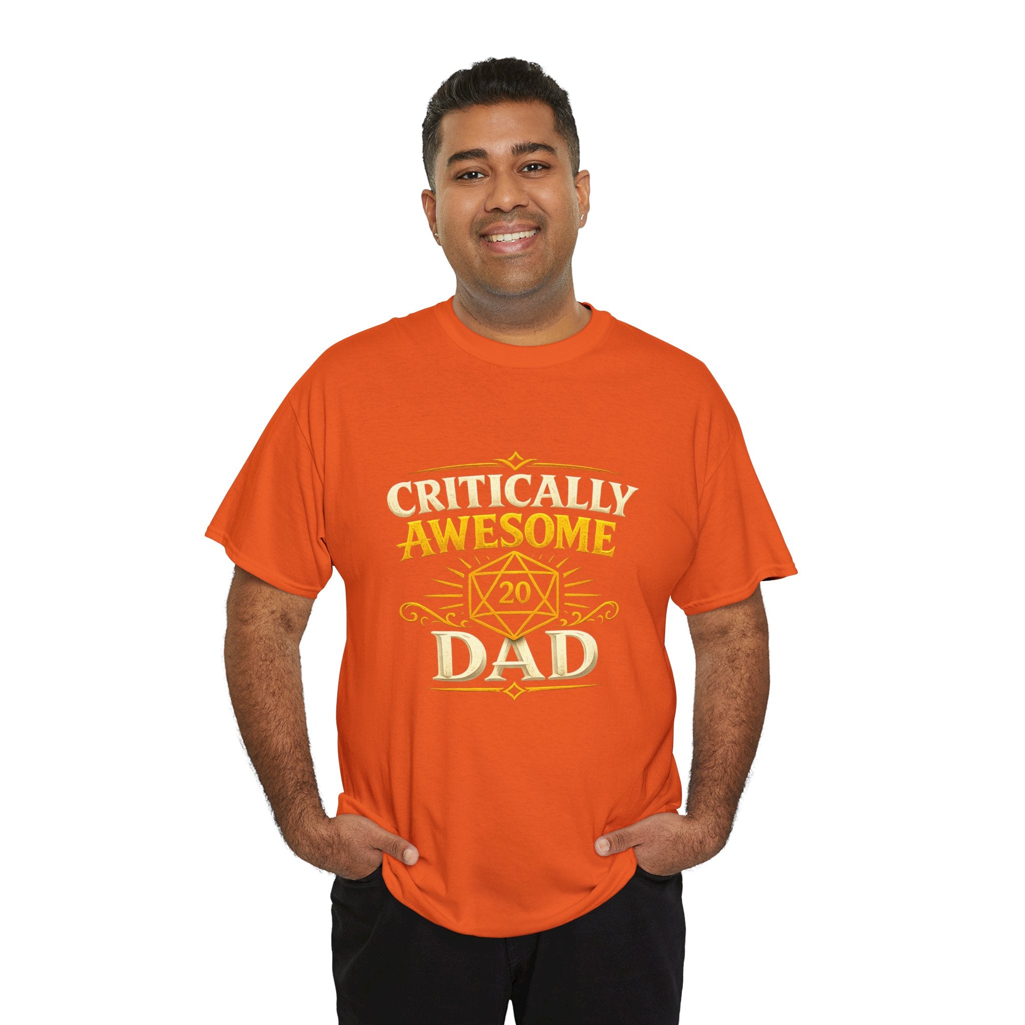 Critically Awesome Dad T‑Shirt – Gold D20 Gaming Father Tee (Father’s Day, Gamer Dad Gift)