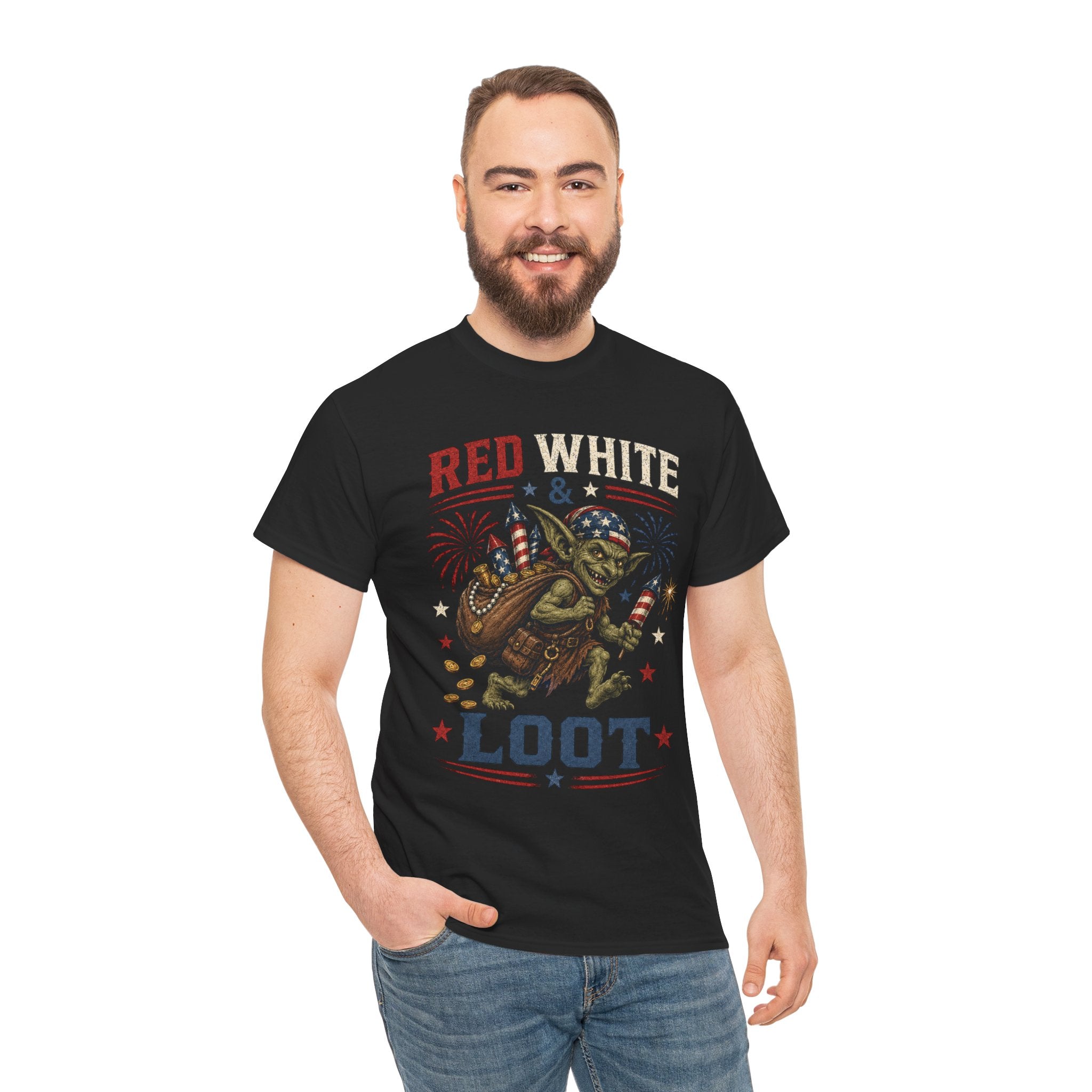 Red White & Loot Goblin Illustration Tee | Patriotic Fourth of July Shirt
