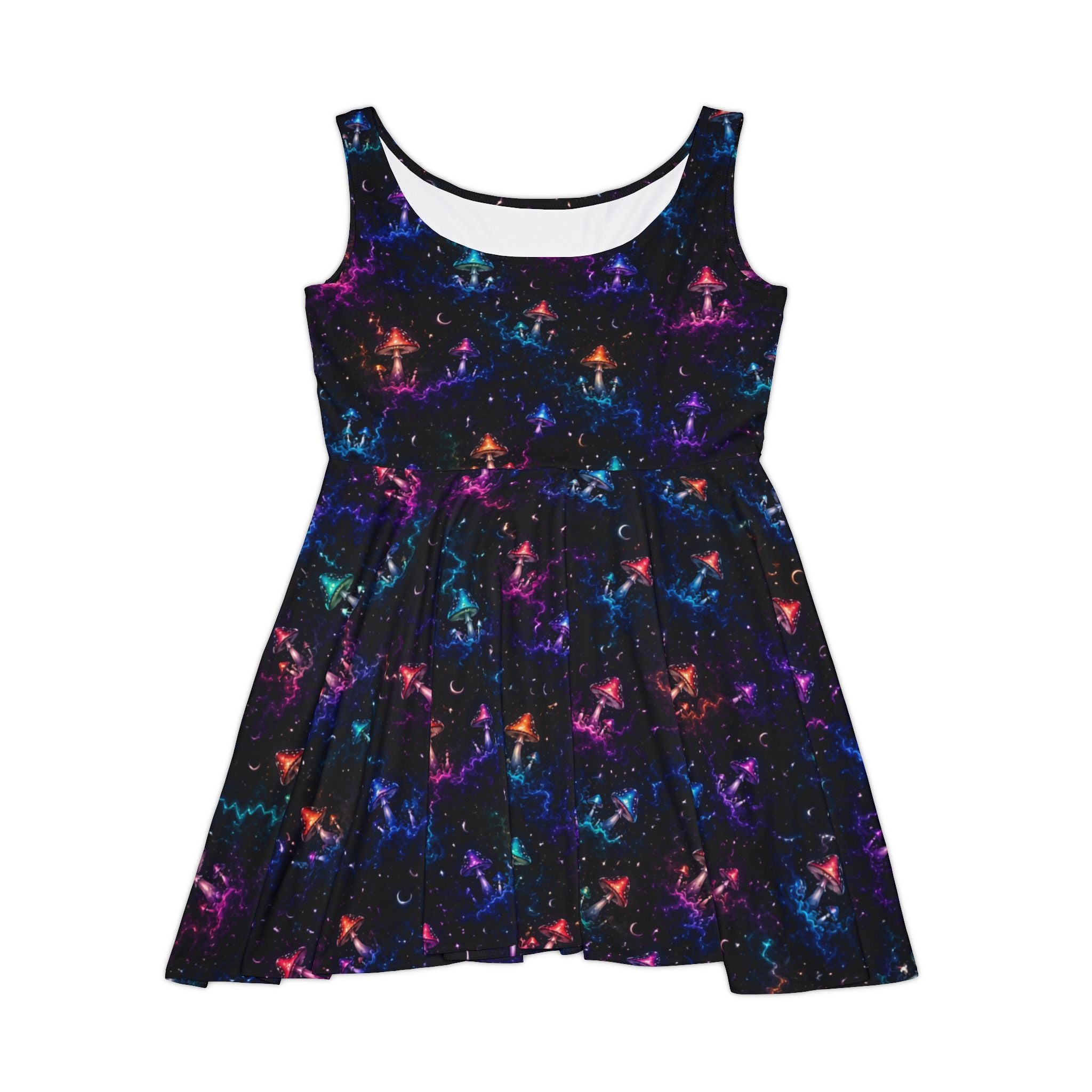 Neon Galaxy Mushroom Pattern Skater Dress | Space Nebula Stars All-Over Print