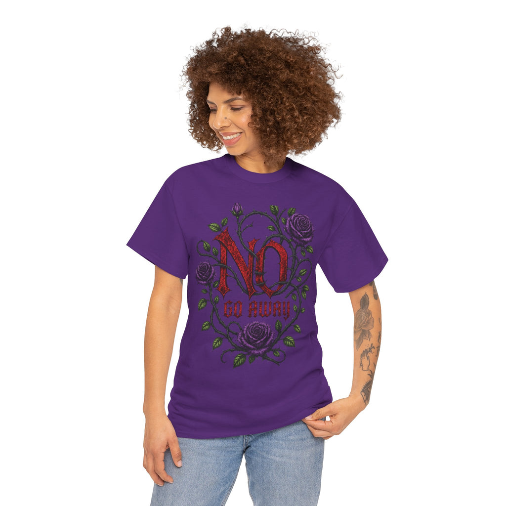 No Go Away T-Shirt | Gothic Purple Roses, Dark Floral Typography