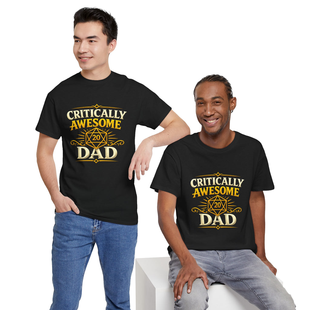 Critically Awesome Dad T‑Shirt – Gold D20 Gaming Father Tee (Father’s Day, Gamer Dad Gift)