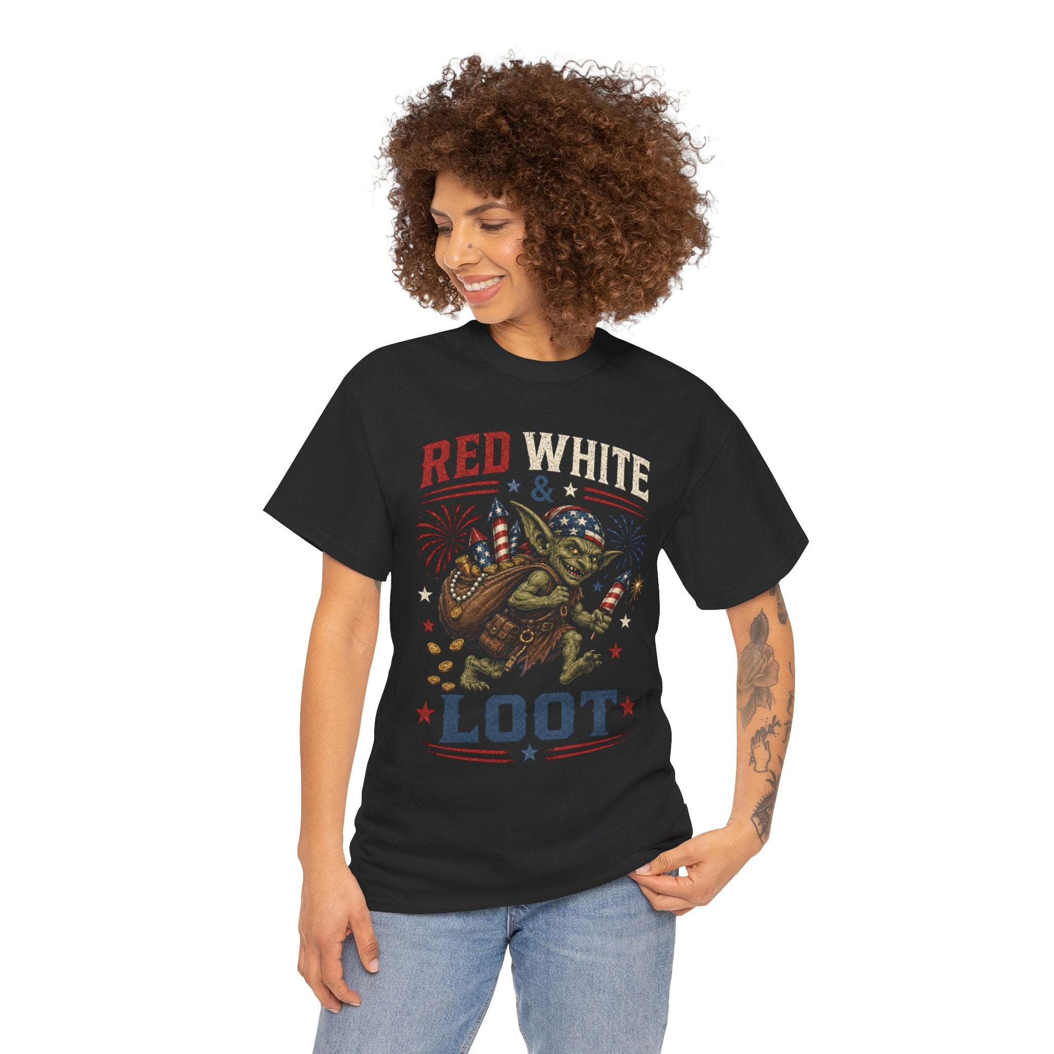 Red White & Loot Goblin Illustration Tee | Patriotic Fourth of July Shirt