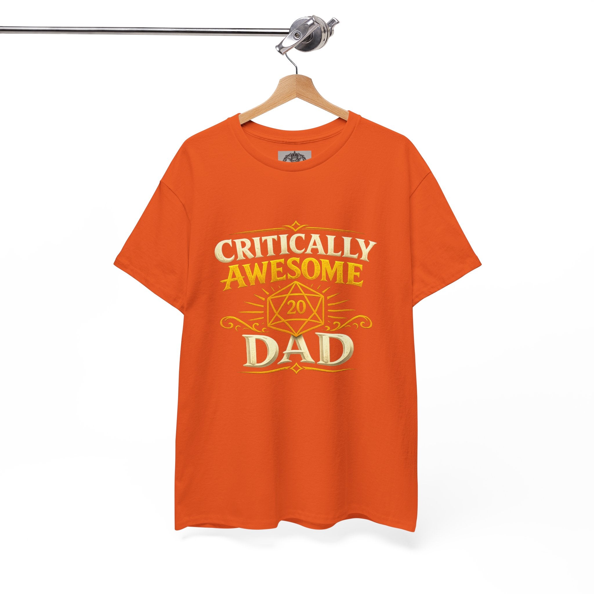 Critically Awesome Dad T‑Shirt – Gold D20 Gaming Father Tee (Father’s Day, Gamer Dad Gift)