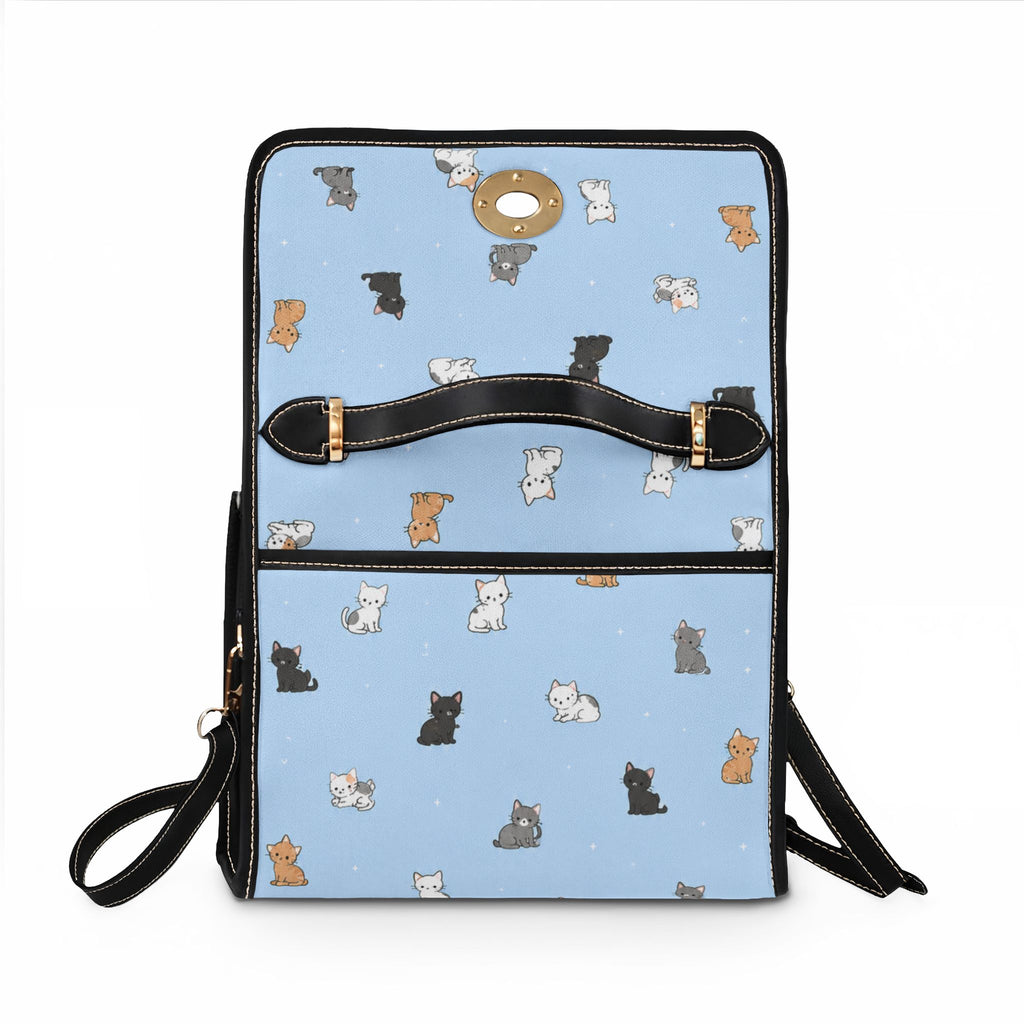 Cute Cat Pattern Waterproof Canvas Bag | Light Blue Cat Print Handbag