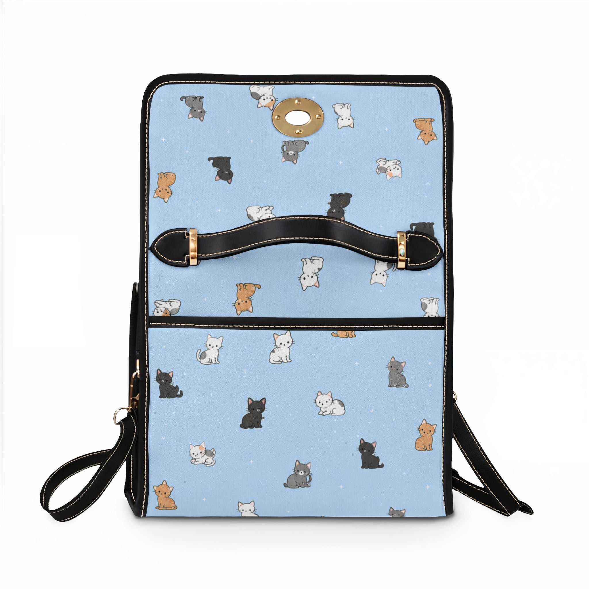 Cute Cat Pattern Waterproof Canvas Bag | Light Blue Cat Print Handbag