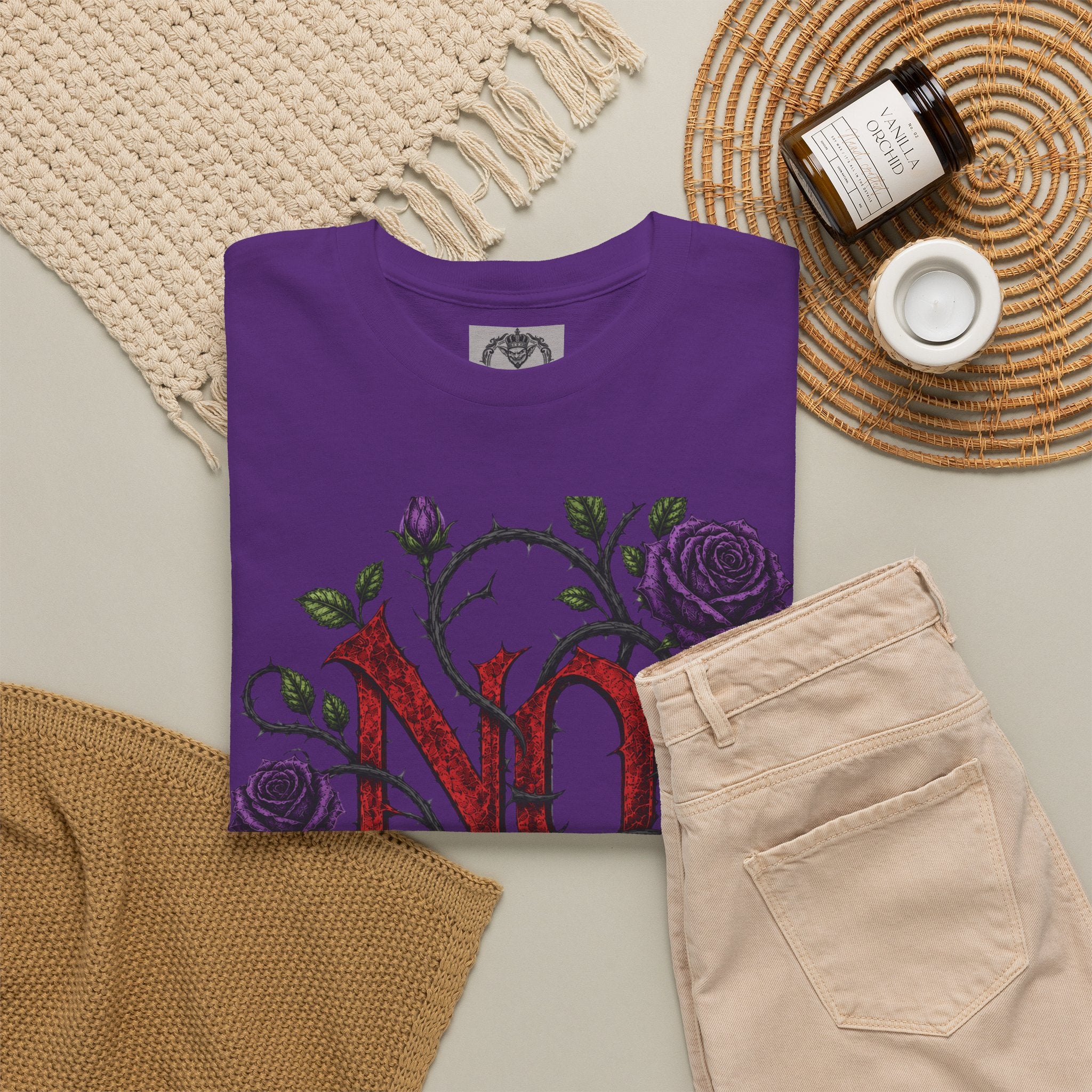 No Go Away T-Shirt | Gothic Purple Roses, Dark Floral Typography