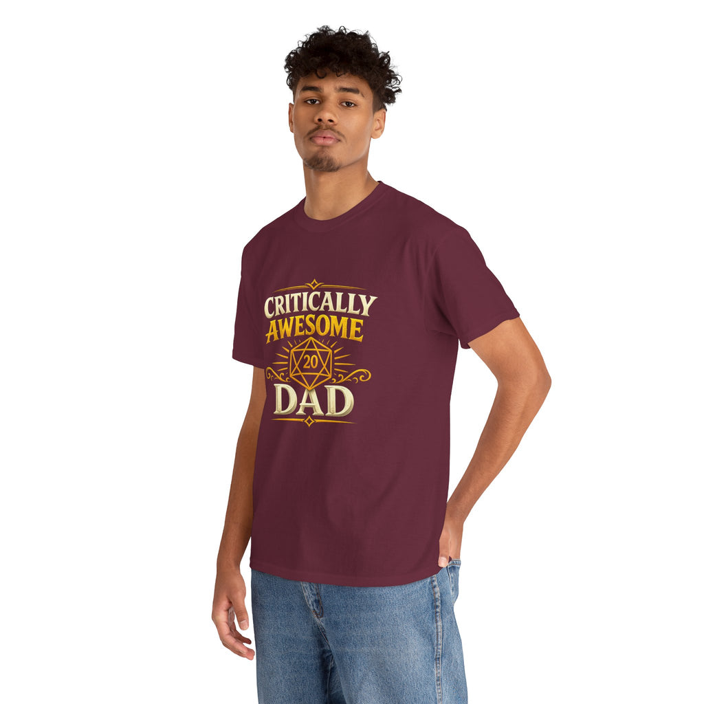 Critically Awesome Dad T‑Shirt – Gold D20 Gaming Father Tee (Father’s Day, Gamer Dad Gift)
