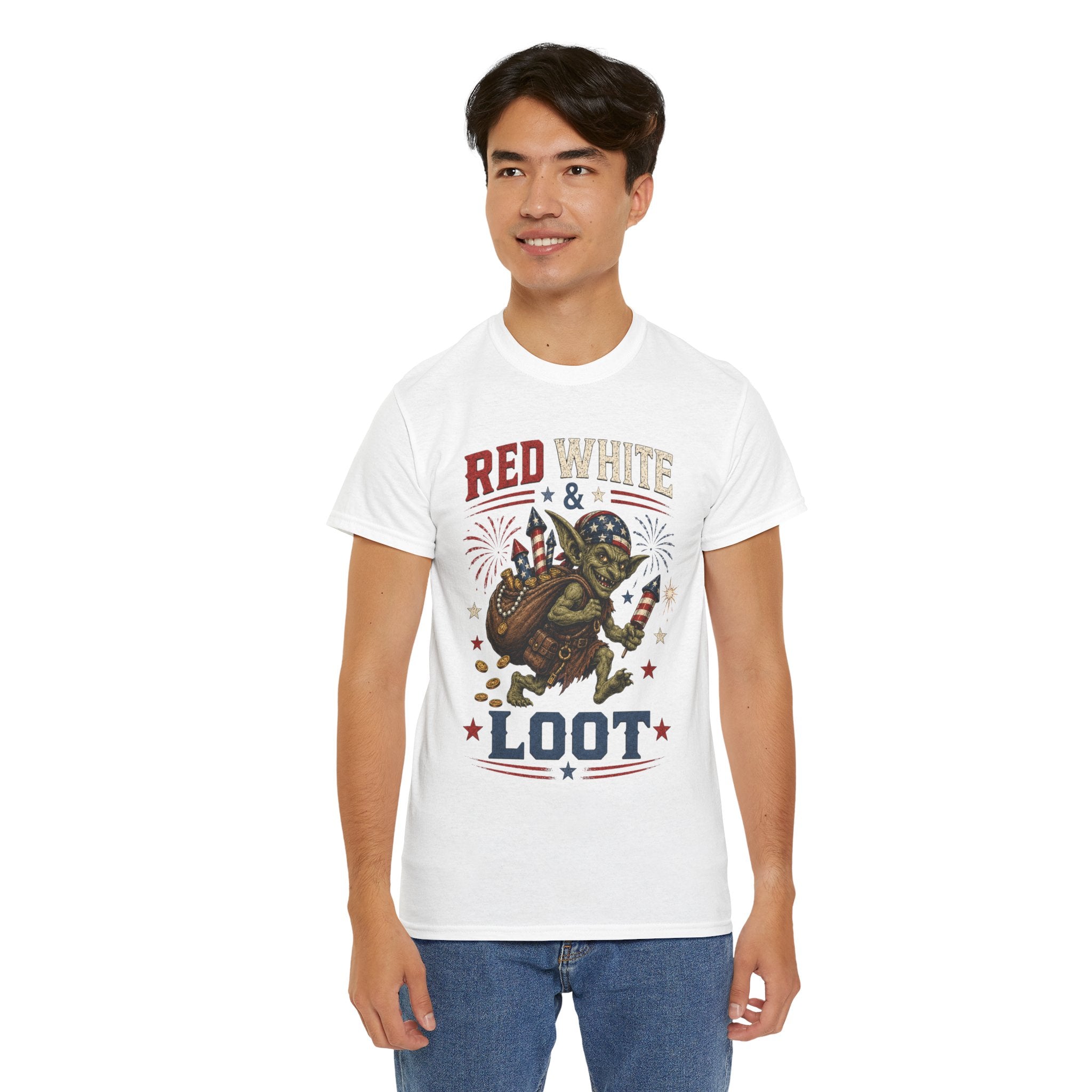 Red White & Loot Goblin Illustration Tee | Patriotic Fourth of July Shirt
