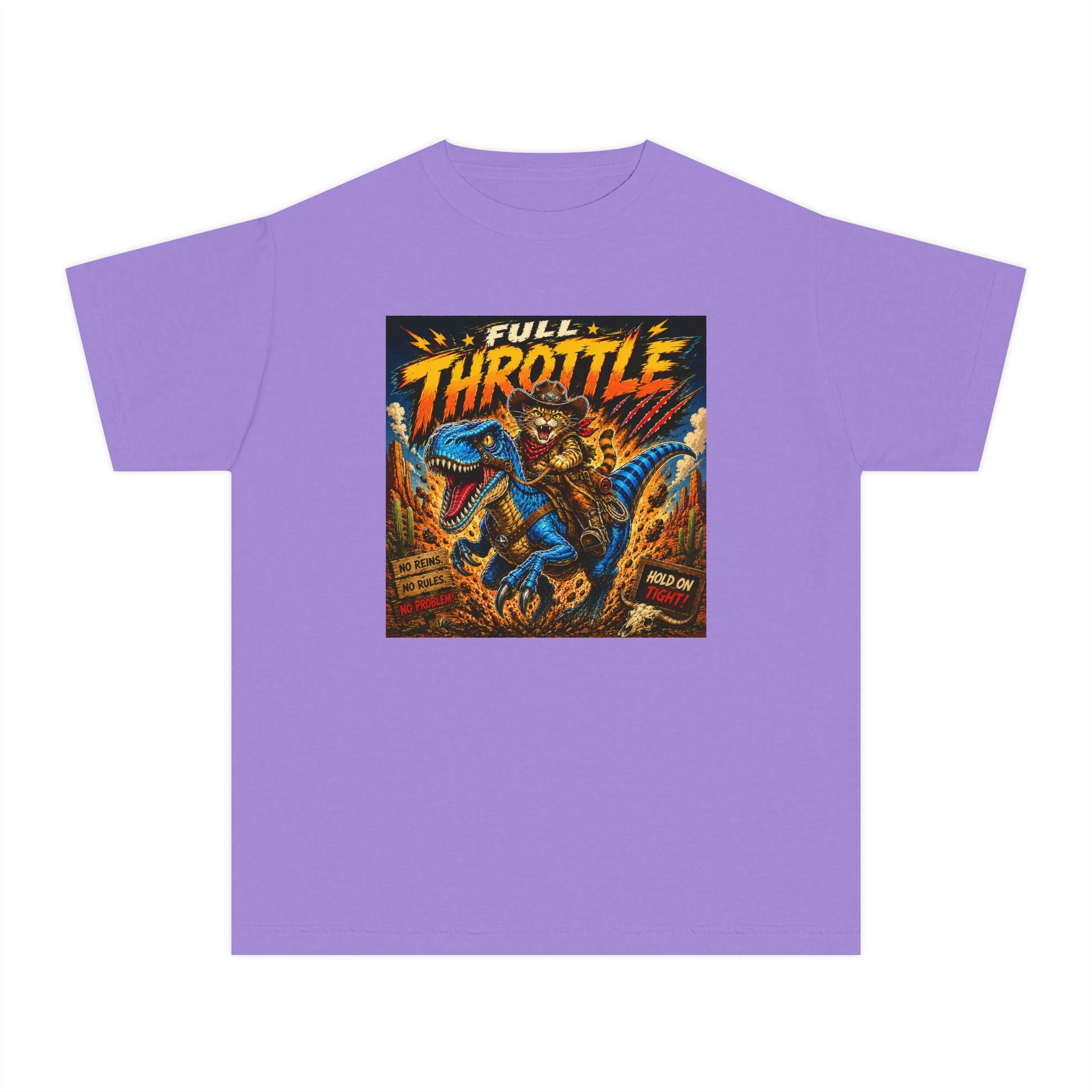 Full Throttle Kids Shirt | Cowboy Riding Dinosaur Tee | Retro Raptor Youth Shirt
