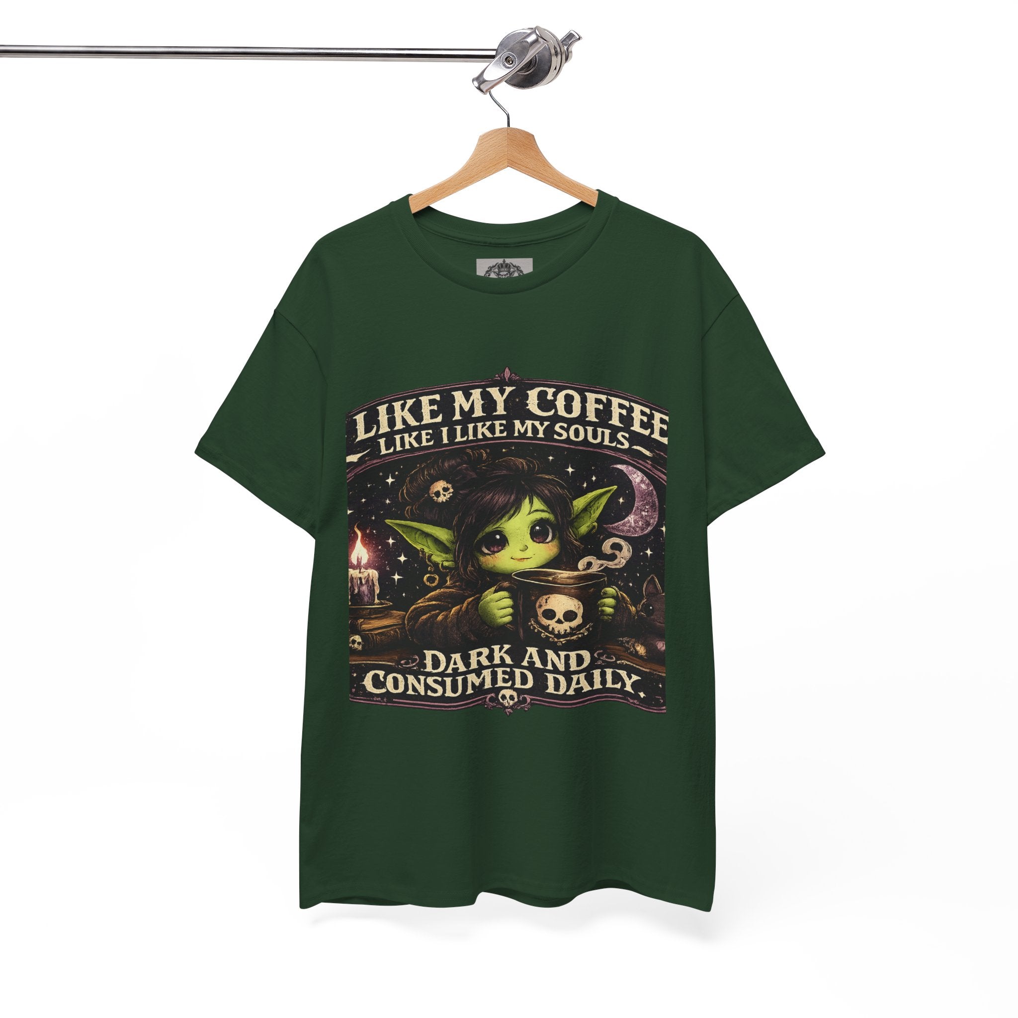 Like My Coffee Tee — "Like My Coffee Like I Like My Souls: Dark and Consumed Daily" Gothic Graphic T-Shirt
