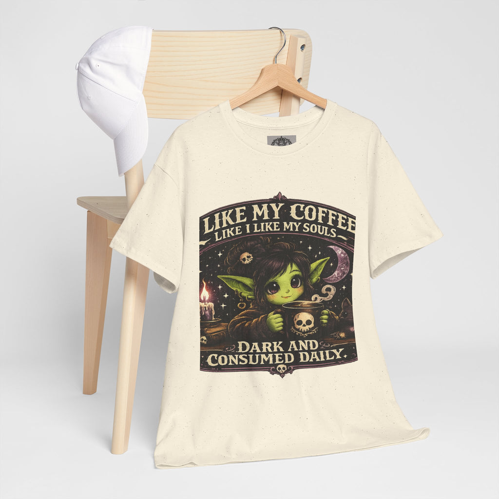 Like My Coffee Tee — "Like My Coffee Like I Like My Souls: Dark and Consumed Daily" Gothic Graphic T-Shirt