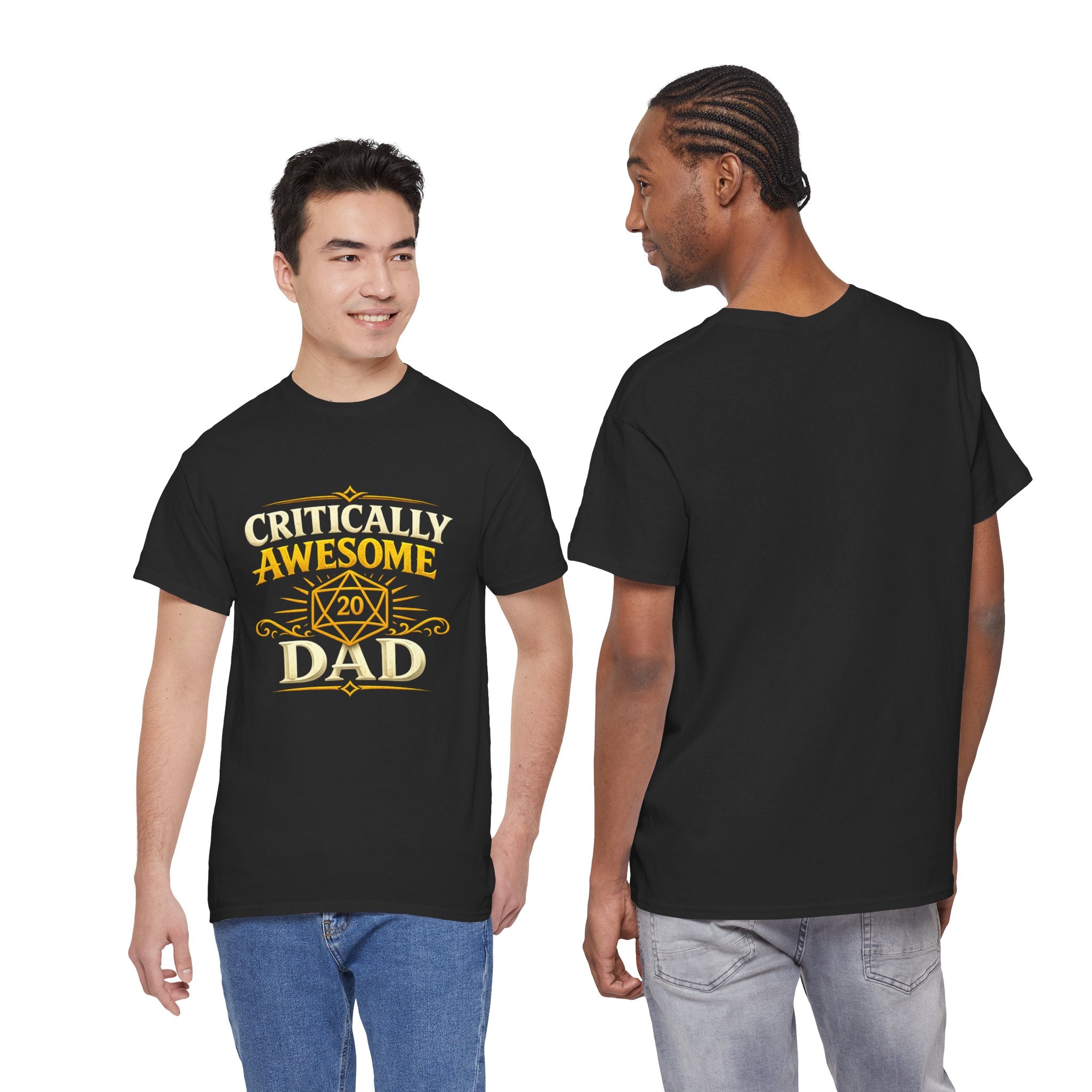 Critically Awesome Dad T‑Shirt – Gold D20 Gaming Father Tee (Father’s Day, Gamer Dad Gift)