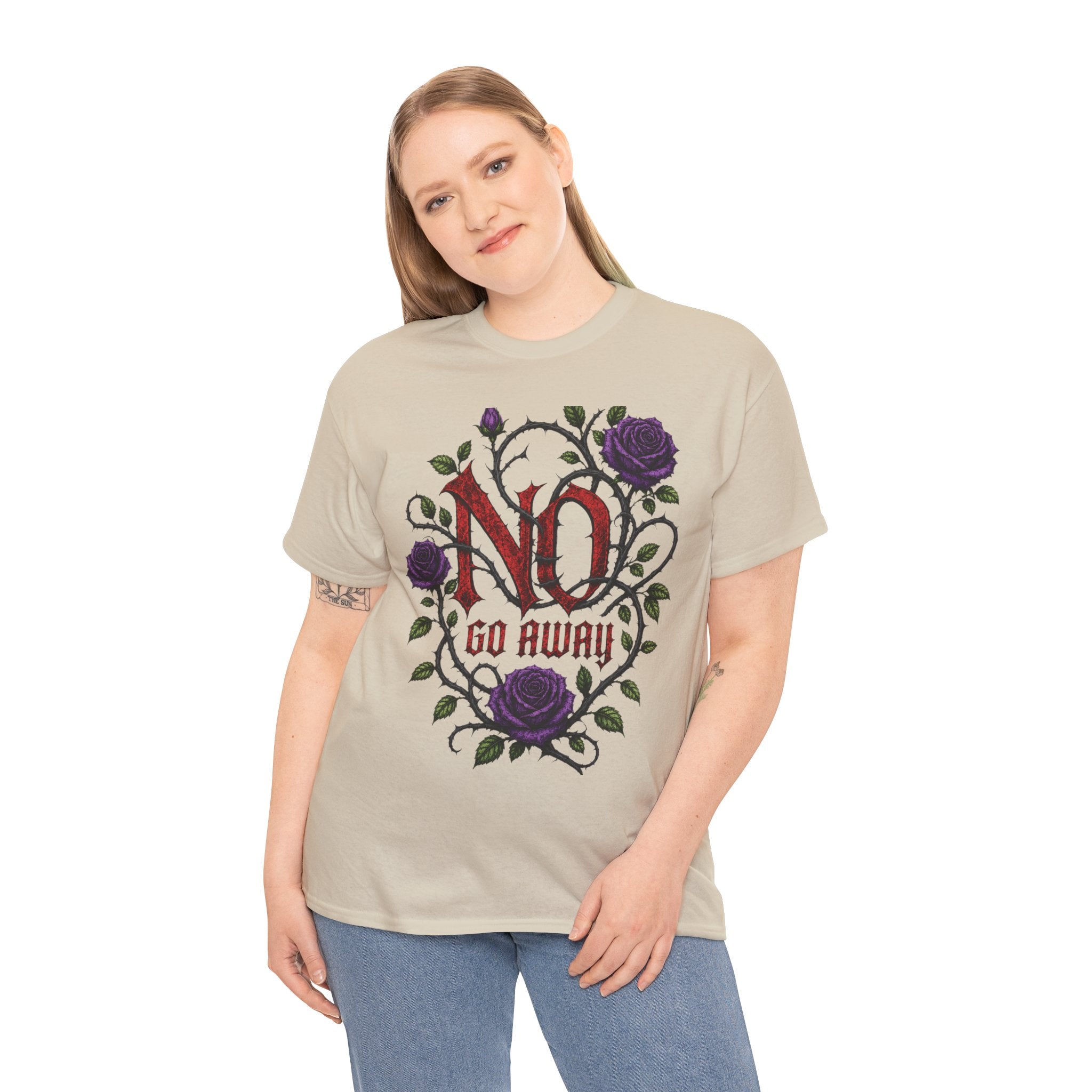 No Go Away T-Shirt | Gothic Purple Roses, Dark Floral Typography